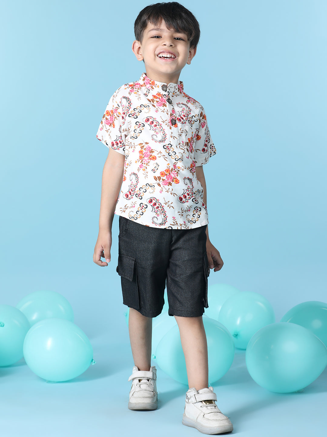 Cutiekins Boys Floral Print T-Shirt With Solid Denim Cargo Short -White & Black