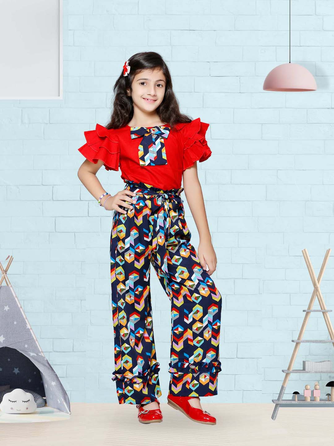 Cutiekins Red Cotton Top & Blue Printed Palazzo Set
