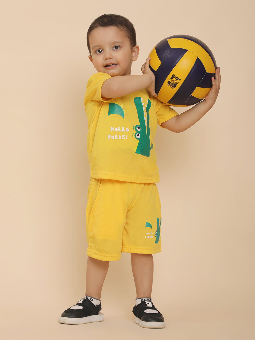 Cutiekins Boys Crorcodile Graphic Print T-shirt with Shorts -Yellow & Green