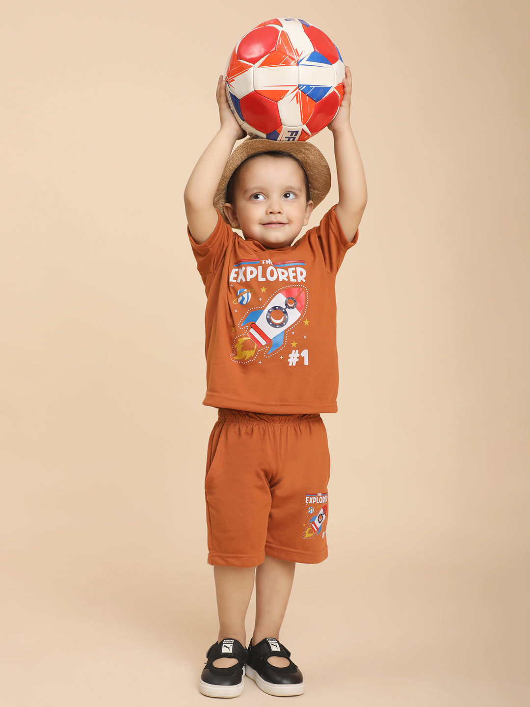 Cutiekins Boys Graphic Print T-shirt with Shorts -Rust & Off white