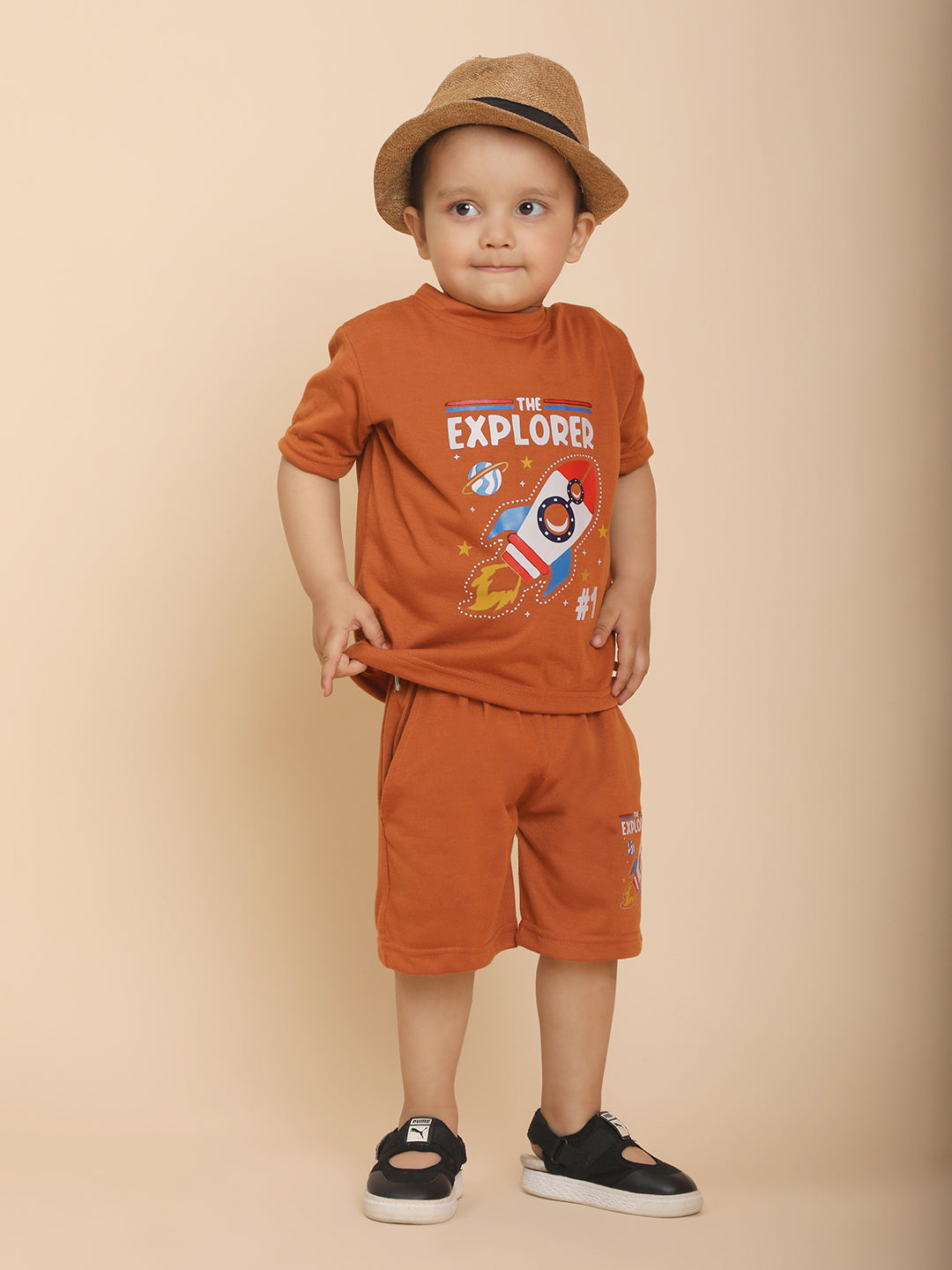 Cutiekins Boys Graphic Print T-shirt with Shorts -Rust & Off white