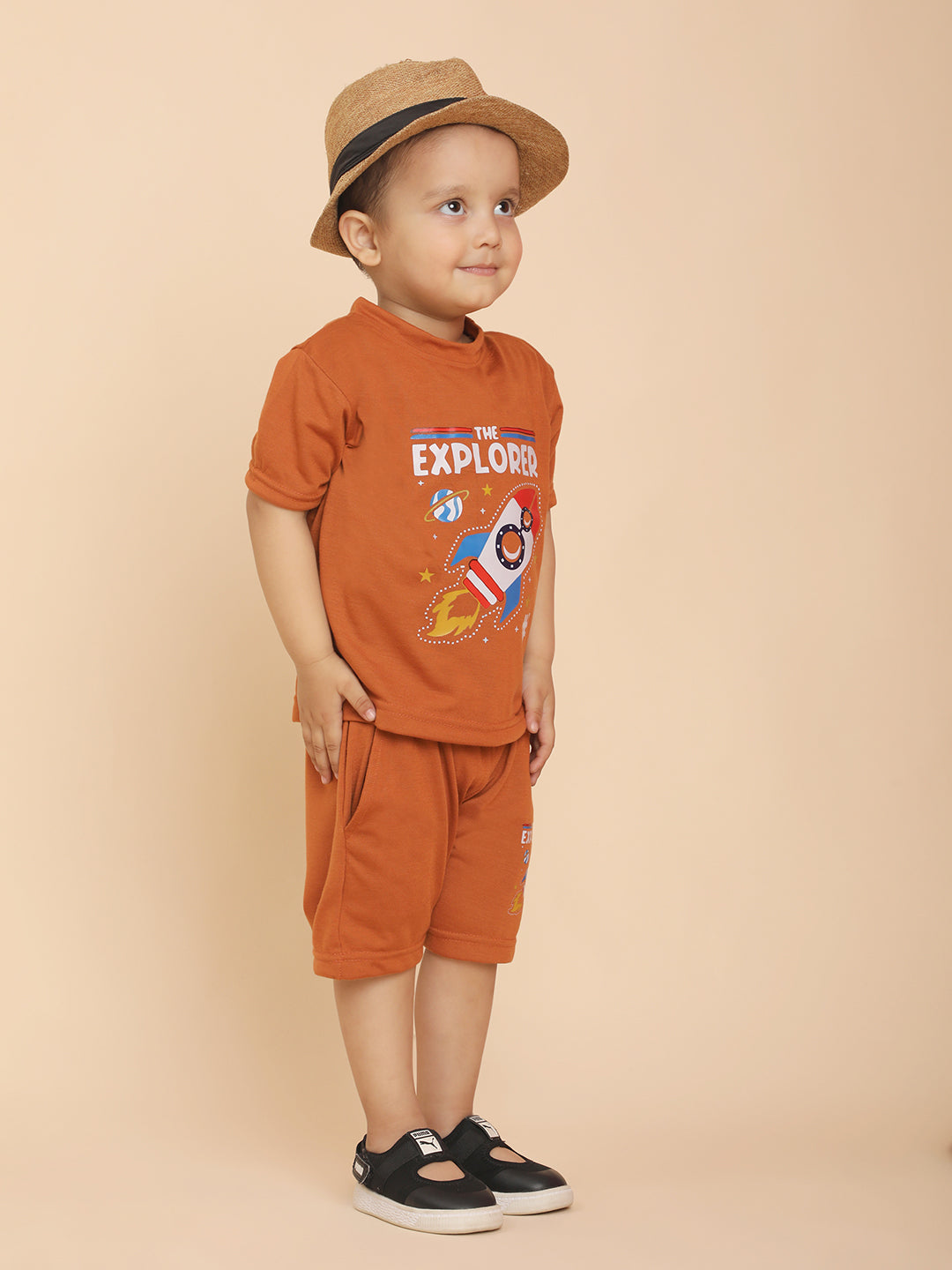 Cutiekins Boys Graphic Print T-shirt with Shorts -Rust & Off white