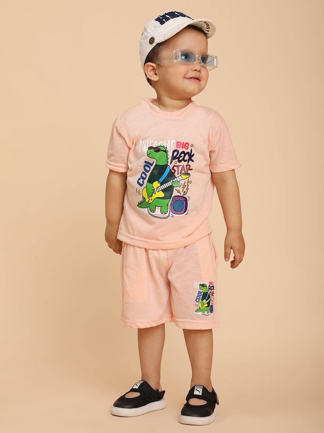 Cutiekins Boys Dino Graphic Print T-shirt with Shorts -Peach & Green