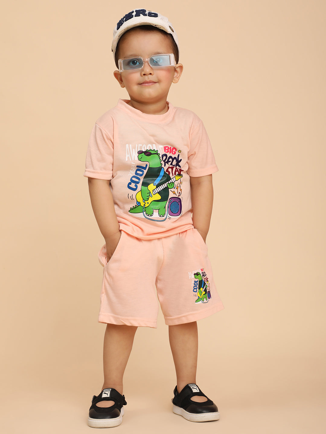 Cutiekins Boys Dino Graphic Print T-shirt with Shorts -Peach & Green