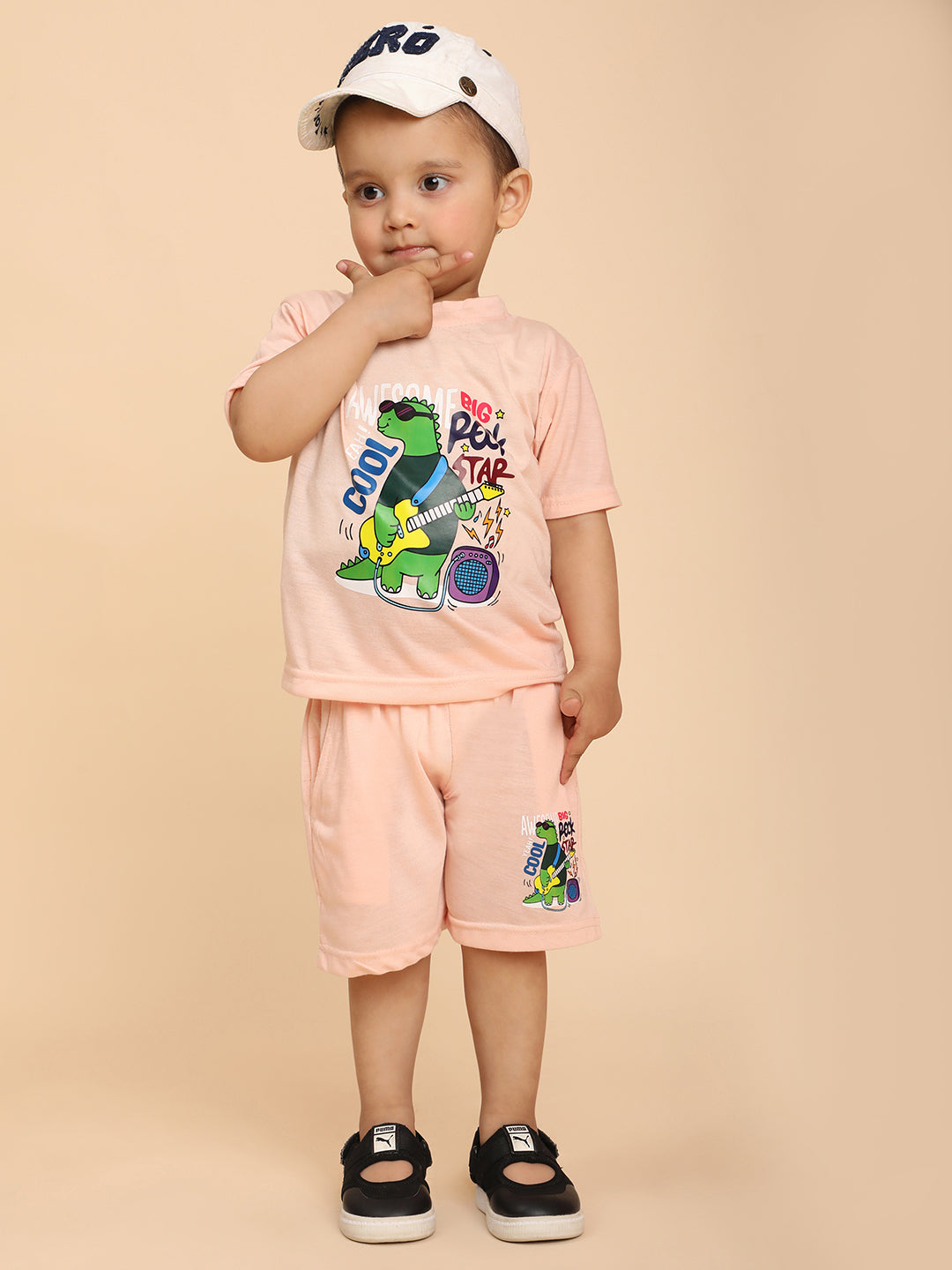 Cutiekins Boys Dino Graphic Print T-shirt with Shorts -Peach & Green
