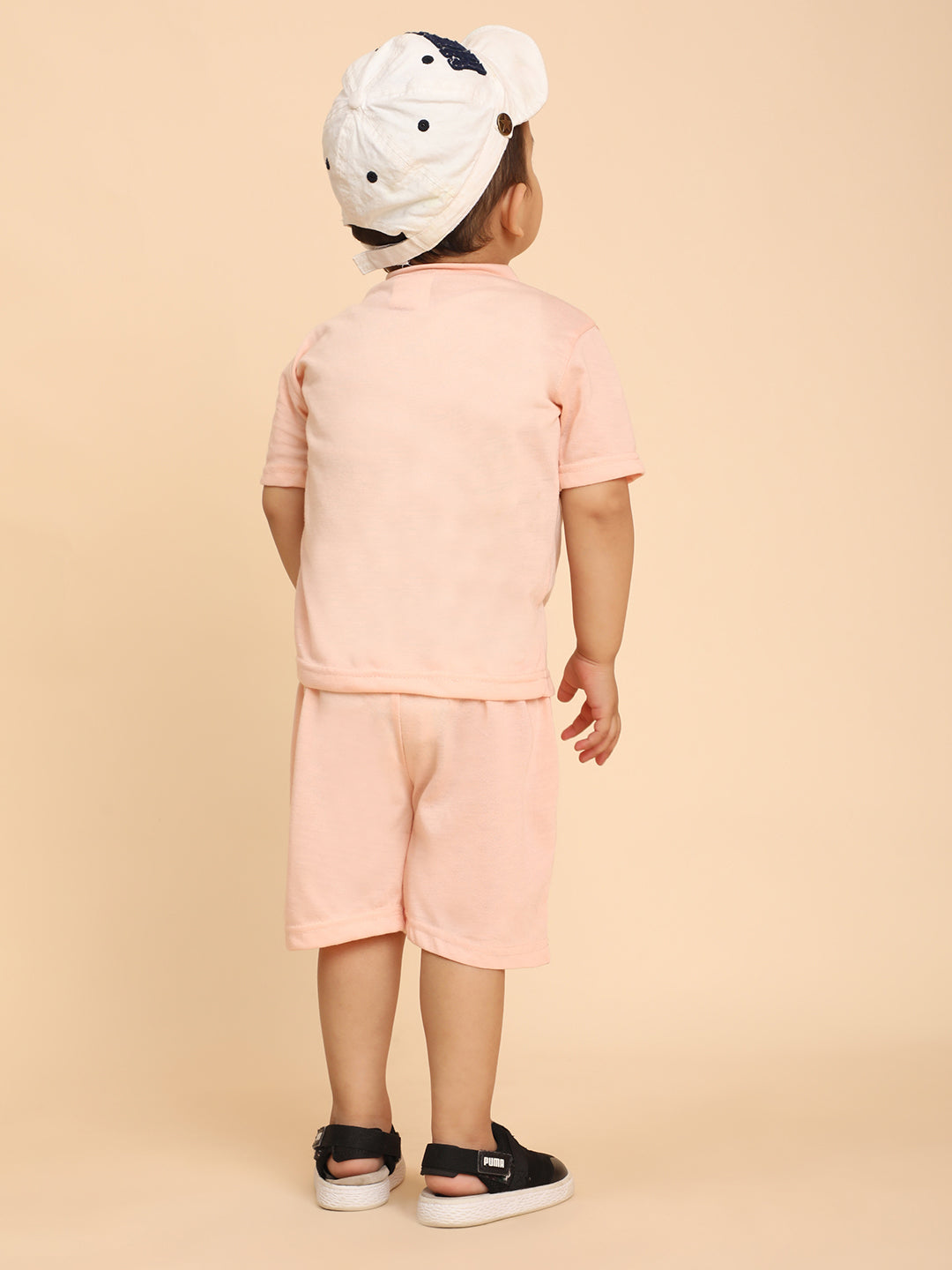 Cutiekins Boys Dino Graphic Print T-shirt with Shorts -Peach & Green