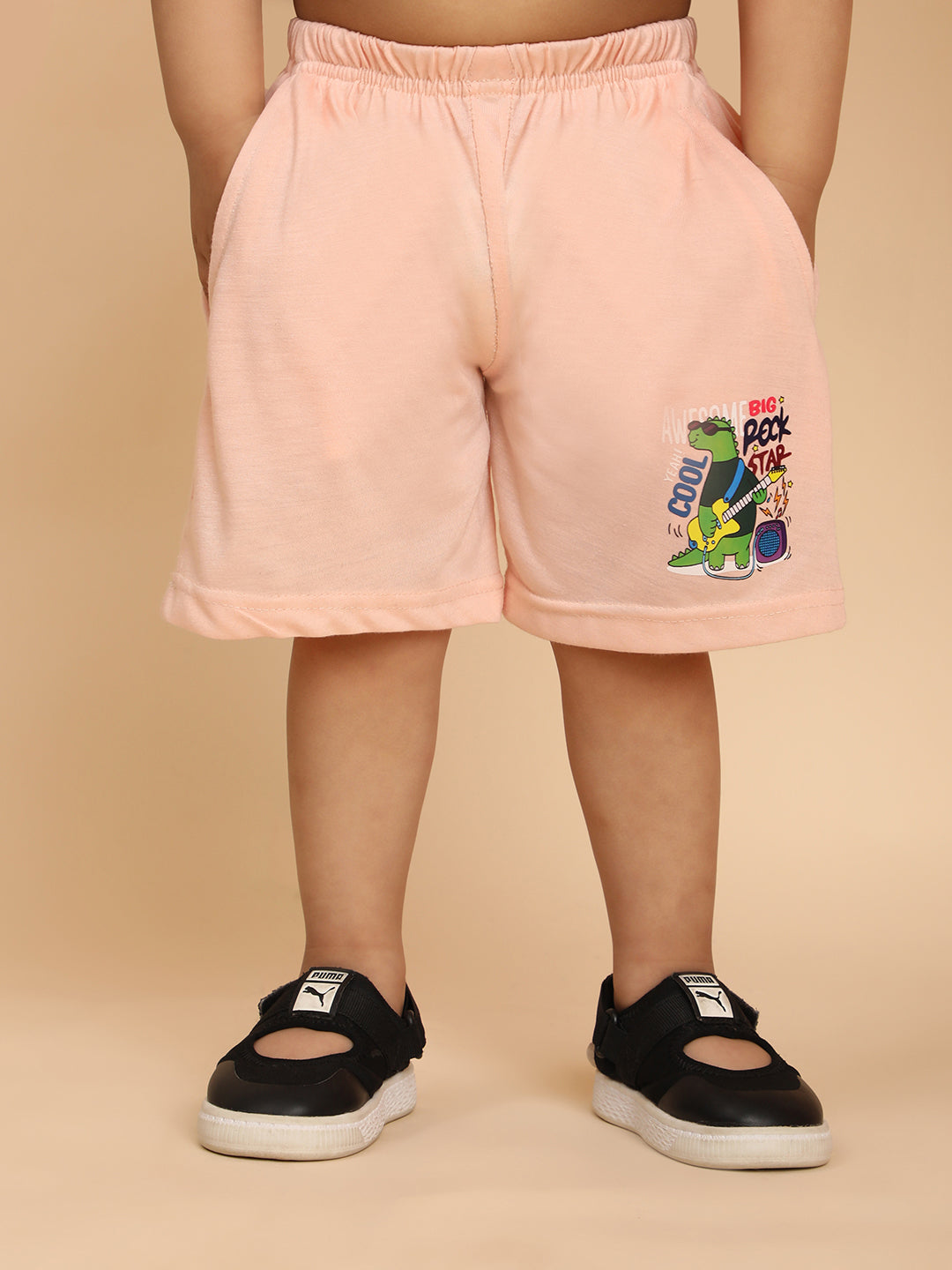 Cutiekins Boys Dino Graphic Print T-shirt with Shorts -Peach & Green