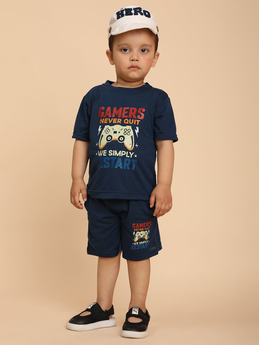 Cutiekins Boys Graphic Print T-shirt with Shorts -Navy Blue & Red