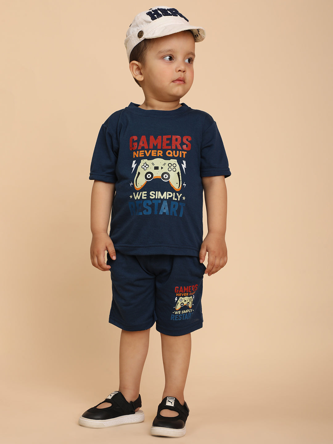 Cutiekins Boys Graphic Print T-shirt with Shorts -Navy Blue & Red
