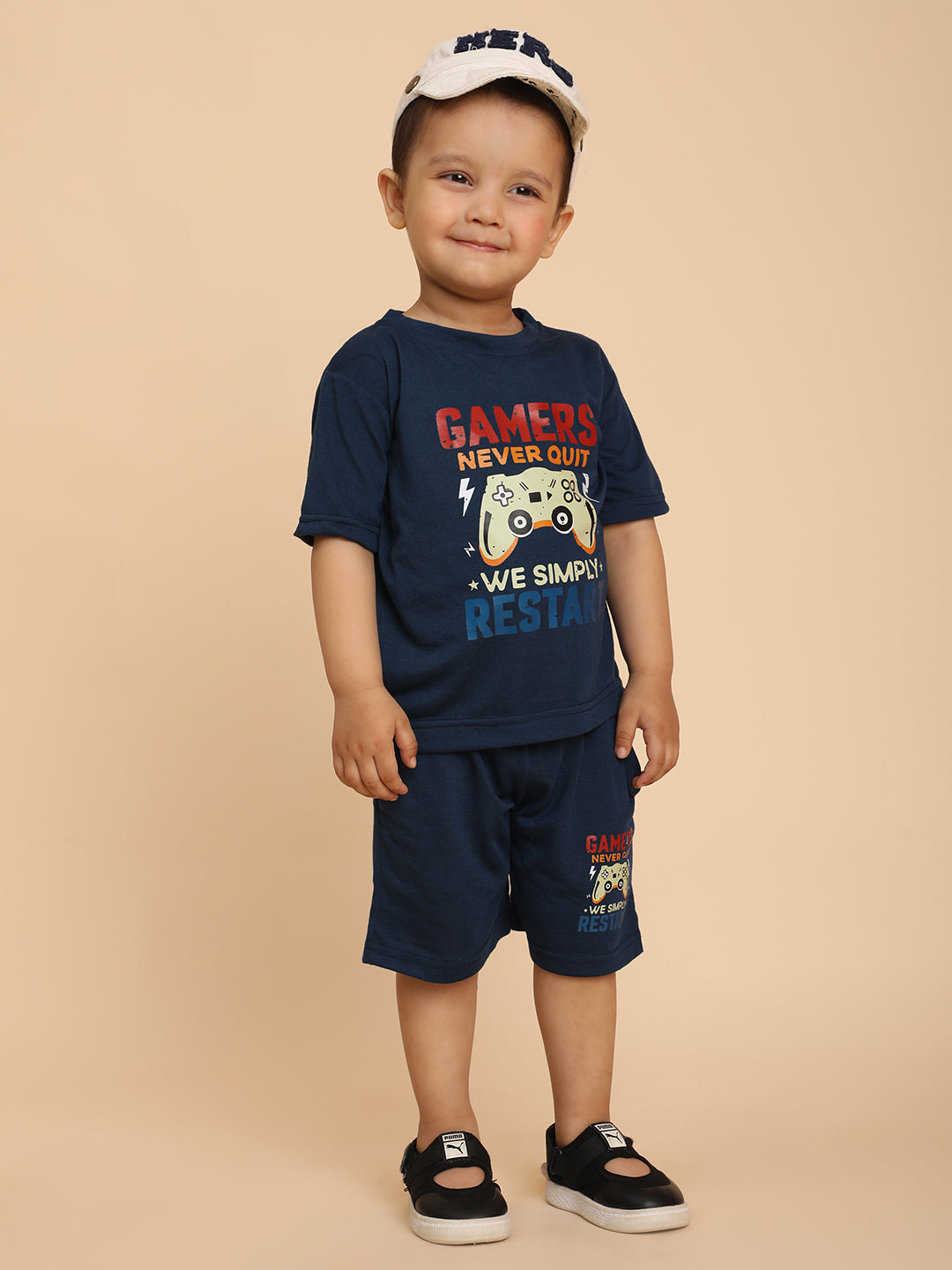 Cutiekins Boys Graphic Print T-shirt with Shorts -Navy Blue & Red