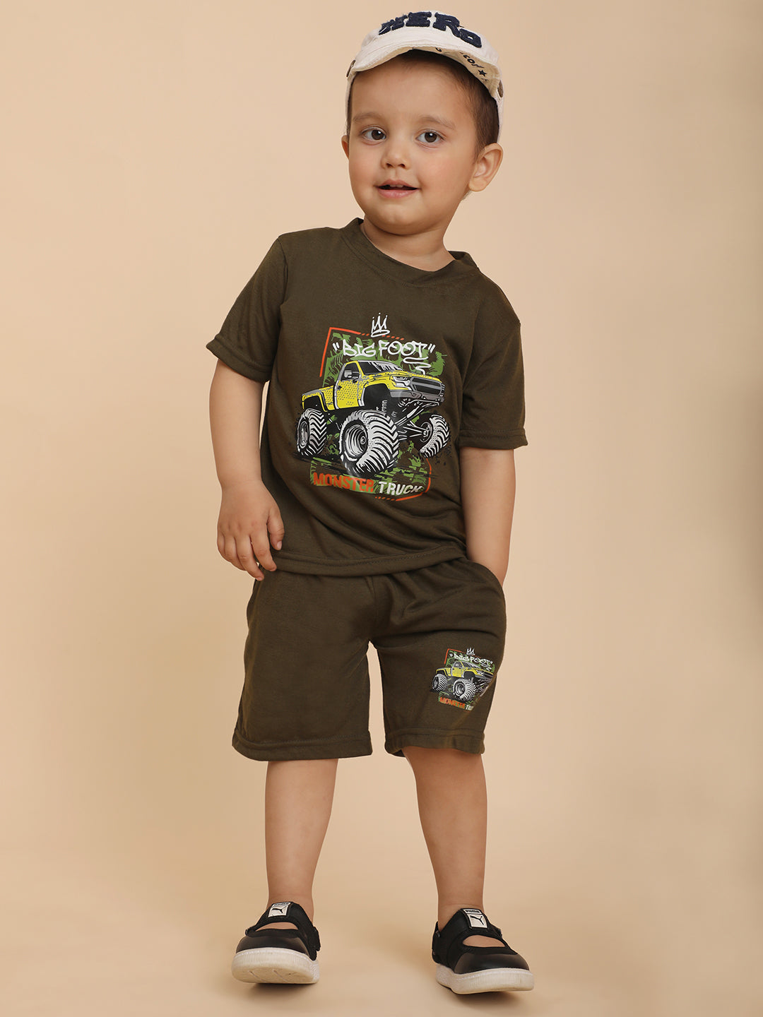 Cutiekins Boys Graphic Print T-shirt with Shorts -Dark Olive & Yellow