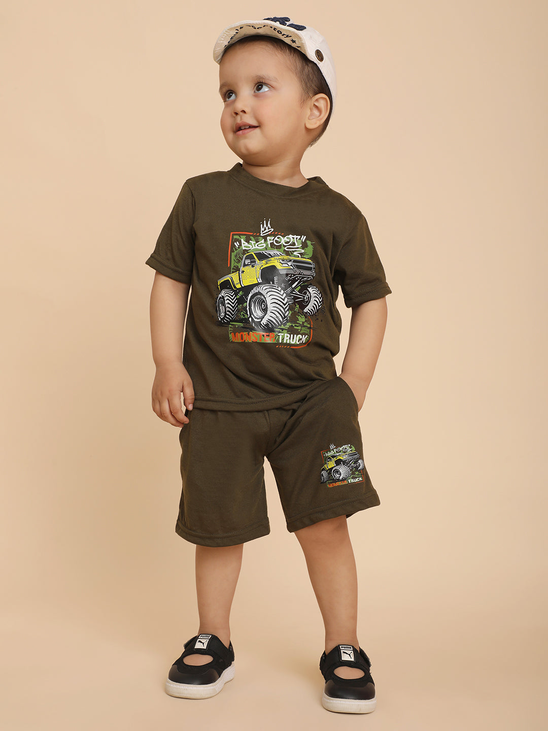 Cutiekins Boys Graphic Print T-shirt with Shorts -Dark Olive & Yellow