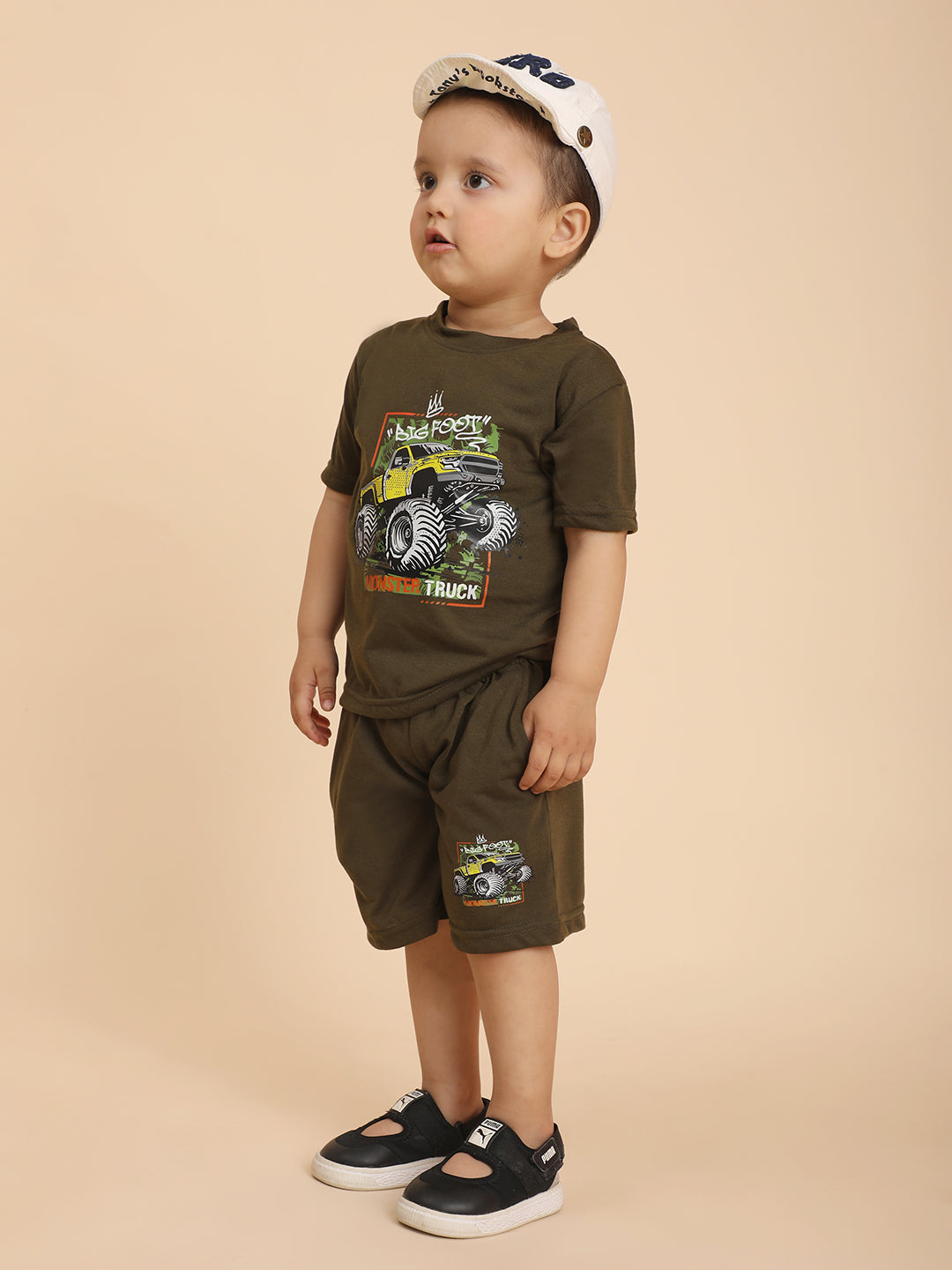 Cutiekins Boys Graphic Print T-shirt with Shorts -Dark Olive & Yellow