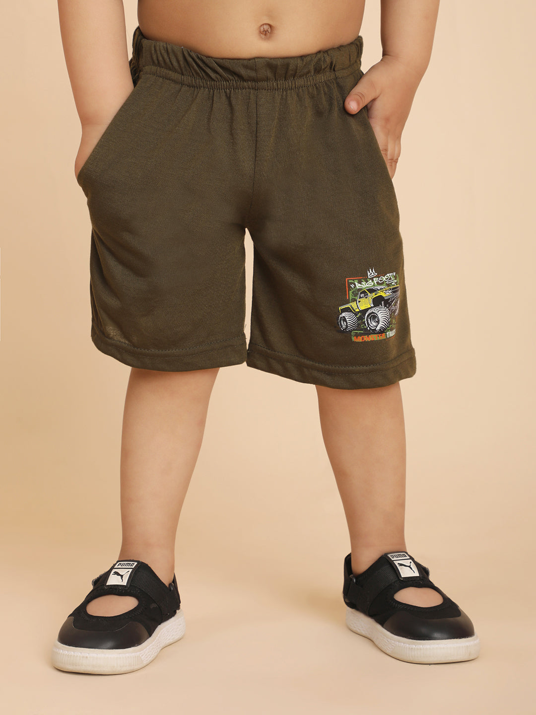 Cutiekins Boys Graphic Print T-shirt with Shorts -Dark Olive & Yellow