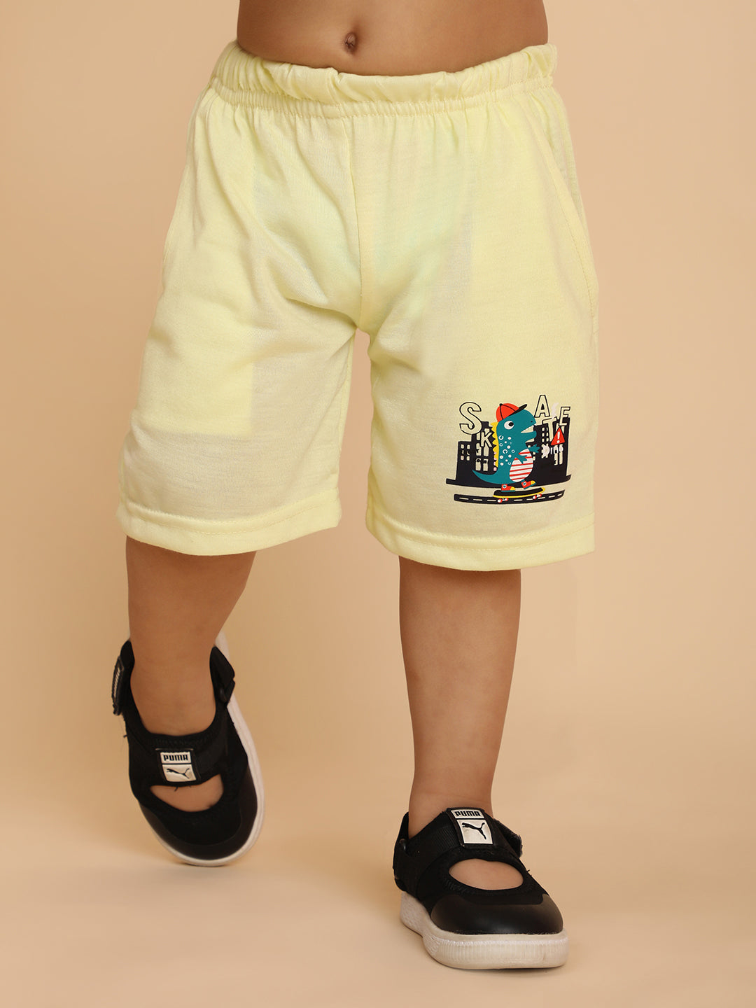 Cutiekins Boys Graphic Print T-shirt with Shorts -Cream Yellow & Black