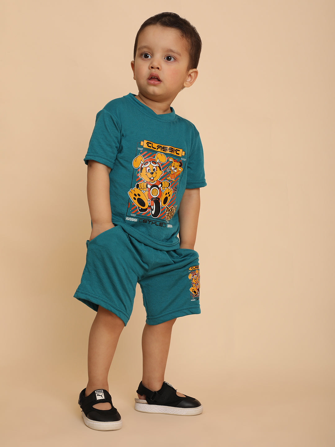 Cutiekins Boys Graphic Print T-shirt with Shorts -Teal Blue & Mustard