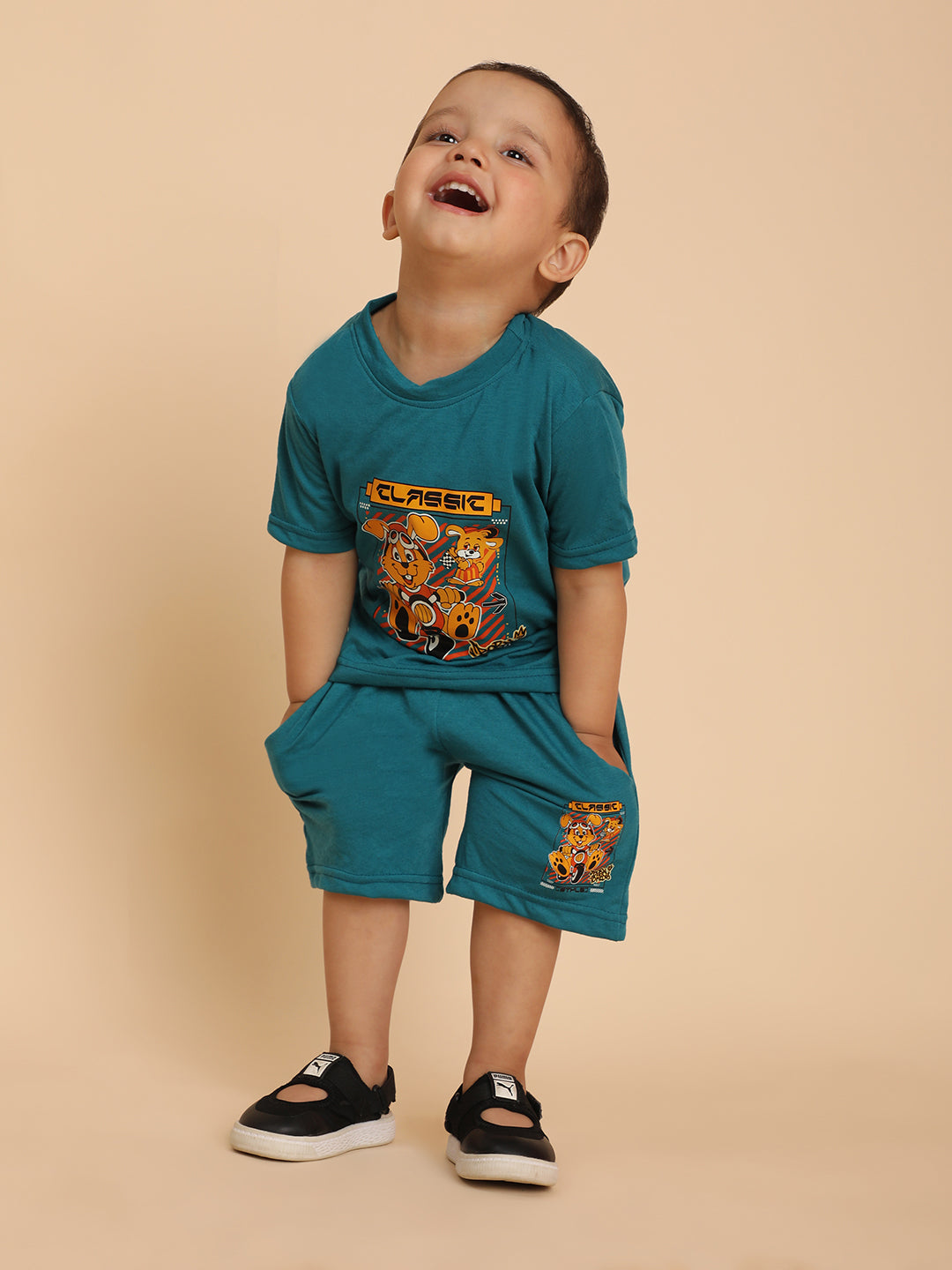 Cutiekins Boys Graphic Print T-shirt with Shorts -Teal Blue & Mustard