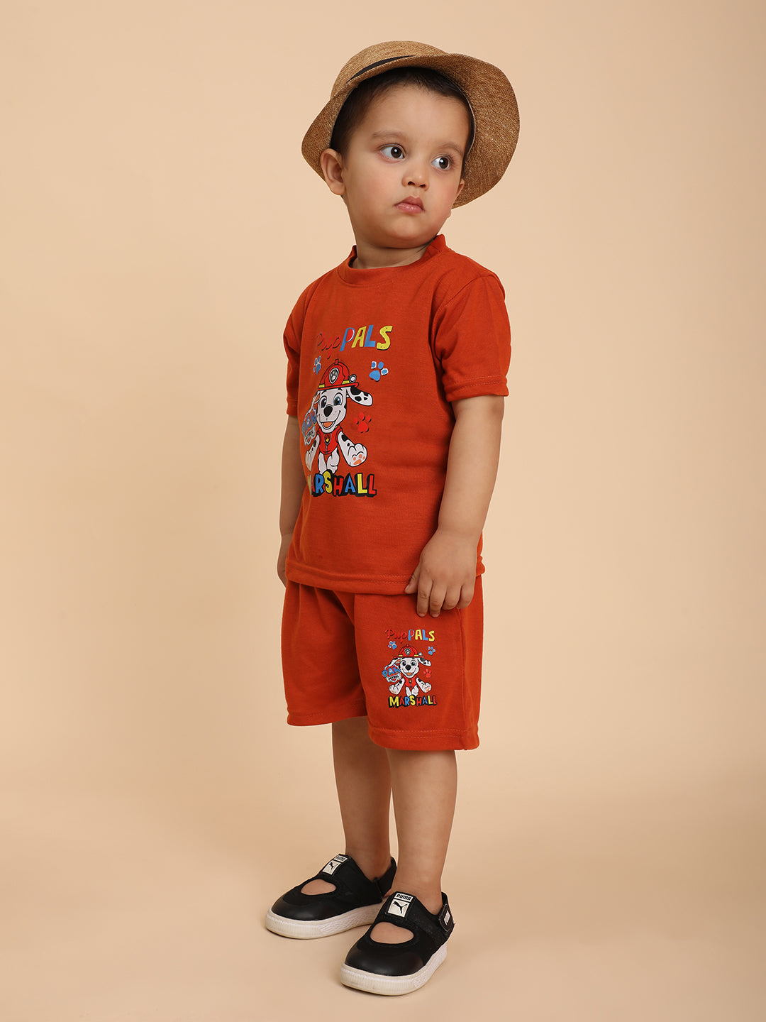 Cutiekins Boys Puppal Graphic Print T-shirt with Shorts -Rust & Off White
