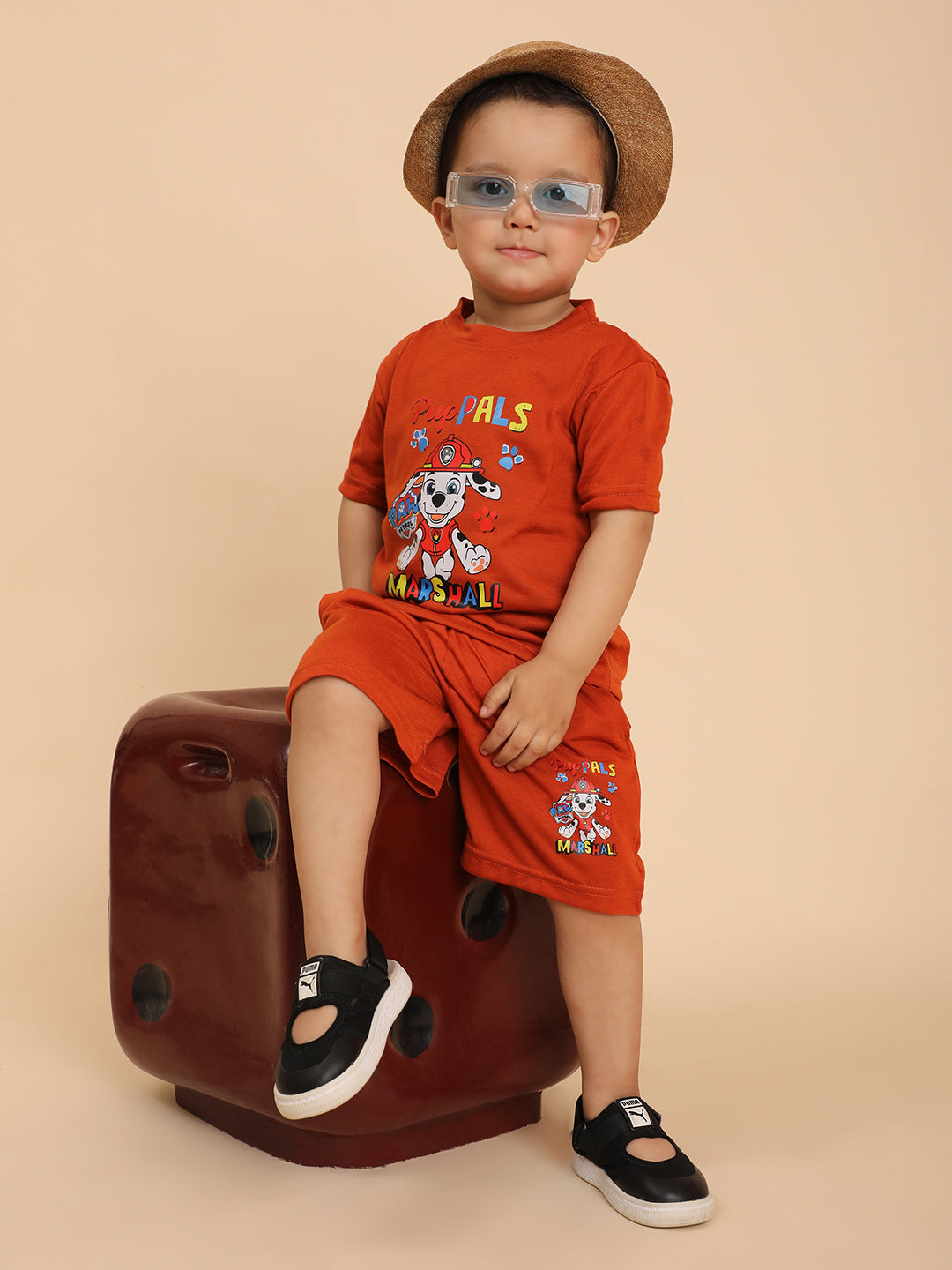 Cutiekins Boys Puppal Graphic Print T-shirt with Shorts -Rust & Off White