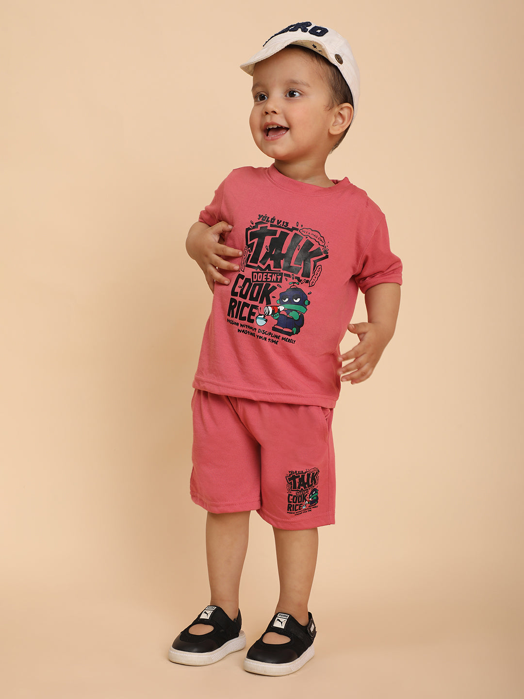 Cutiekins Boys Graphic Print T-shirt with Shorts -Coral Pink & Black