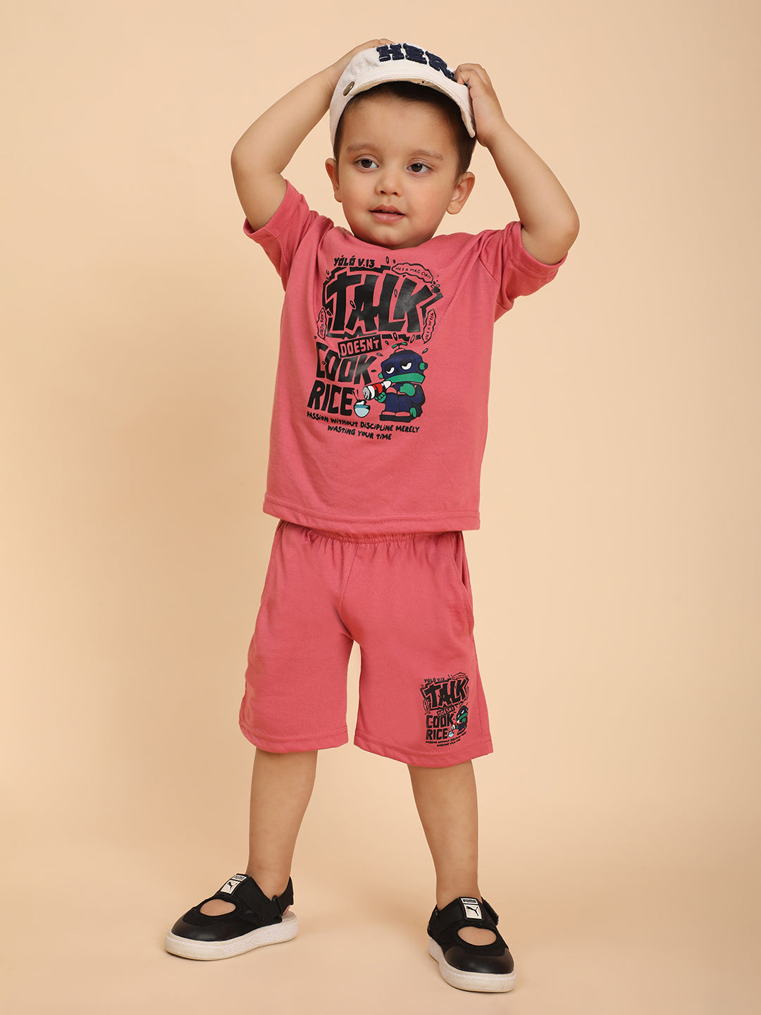 Cutiekins Boys Graphic Print T-shirt with Shorts -Coral Pink & Black