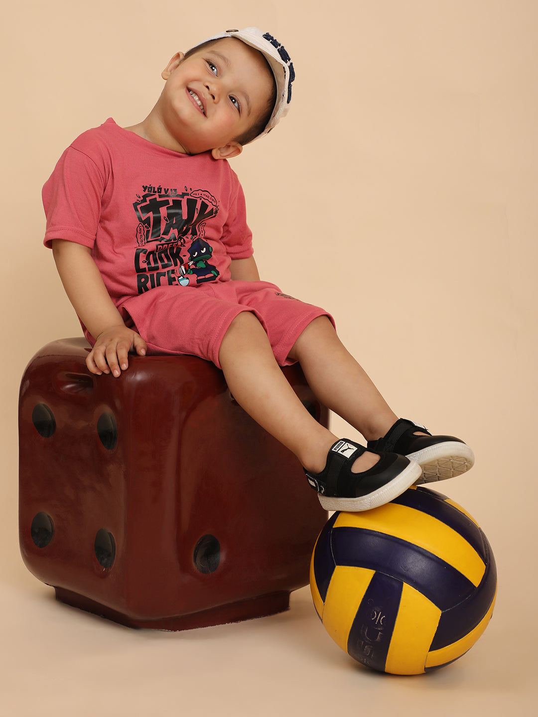 Cutiekins Boys Graphic Print T-shirt with Shorts -Coral Pink & Black