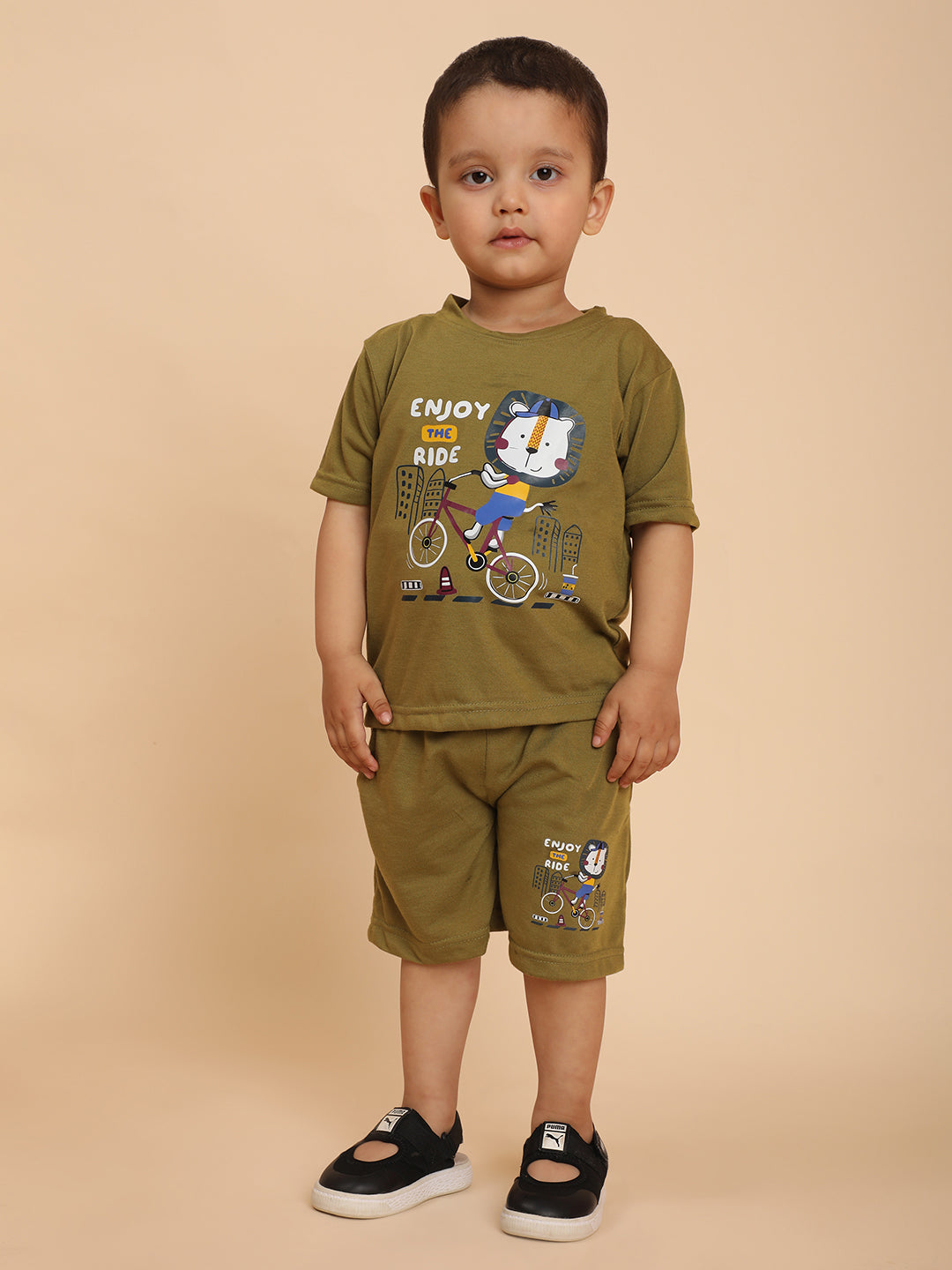 Cutiekins Boys Graphic Print T-shirt with Shorts -Mehendi Green & Off White