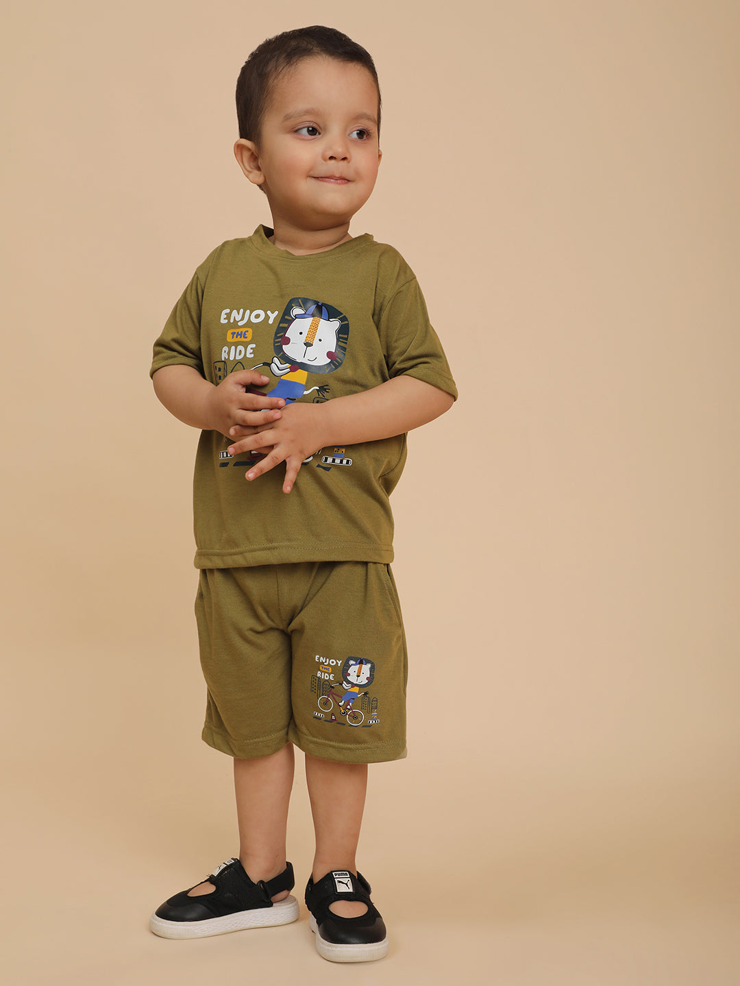 Cutiekins Boys Graphic Print T-shirt with Shorts -Mehendi Green & Off White