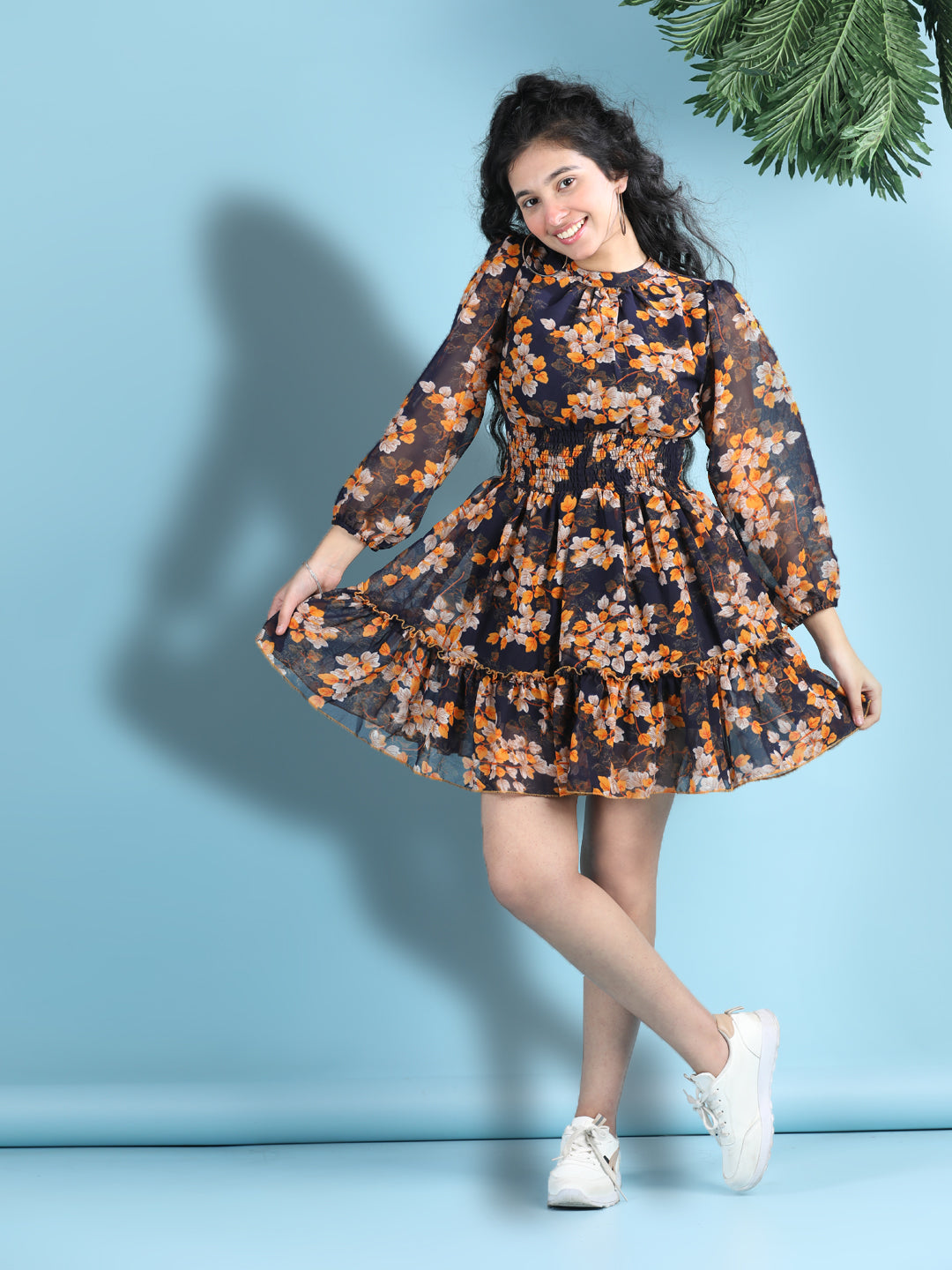 Cutiekins Girls Trendy & Stylish Floral Printed Dress -Navy Blue & Yellow