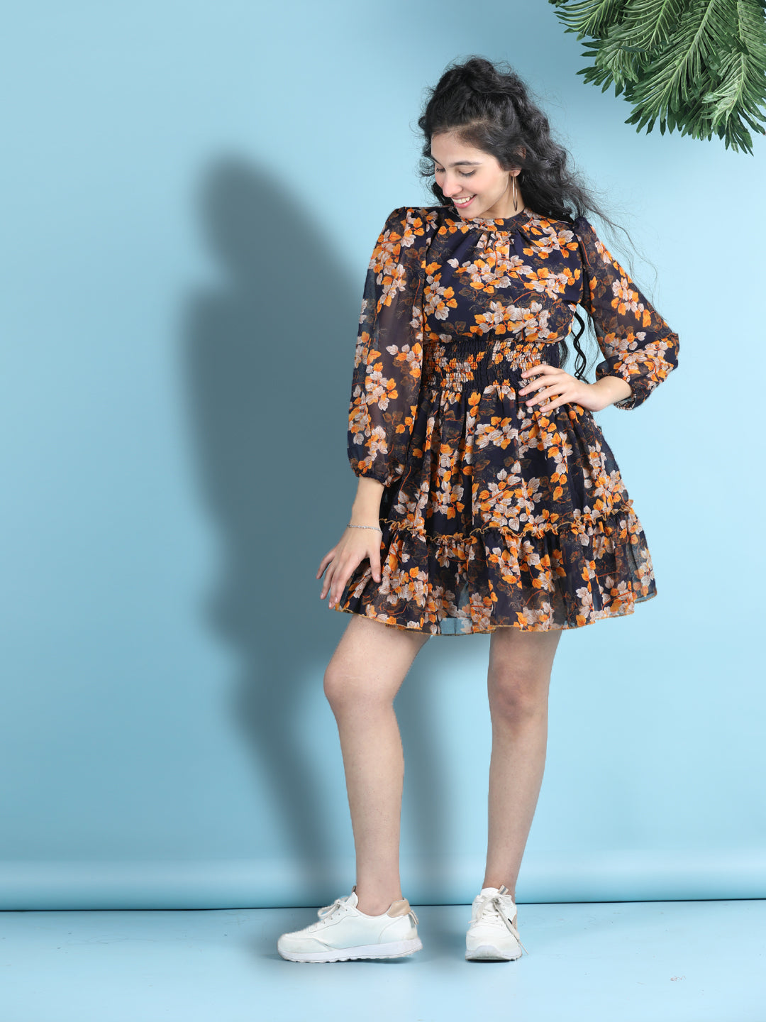 Cutiekins Girls Trendy & Stylish Floral Printed Dress -Navy Blue & Yellow