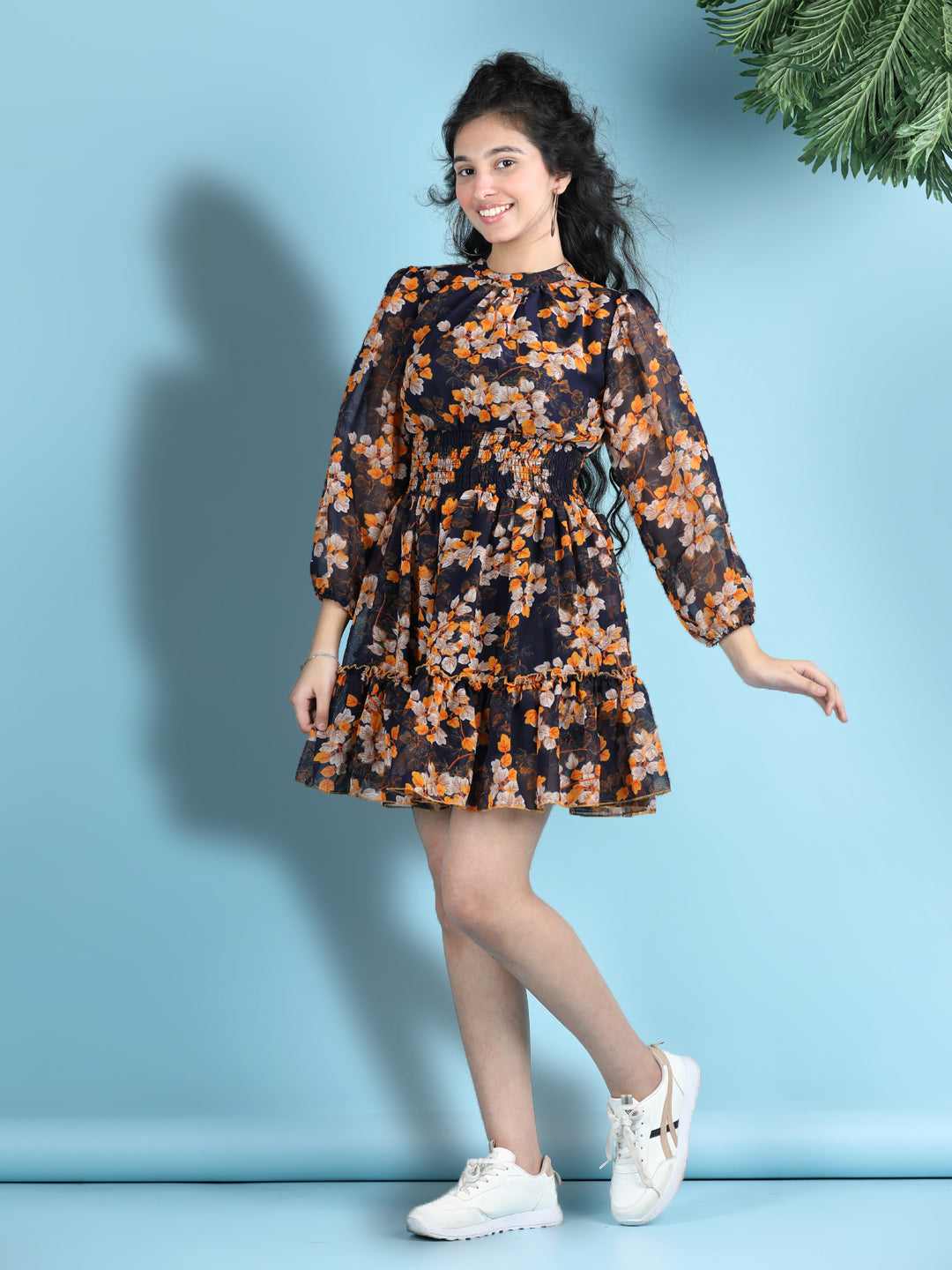 Cutiekins Girls Trendy & Stylish Floral Printed Dress -Navy Blue & Yellow