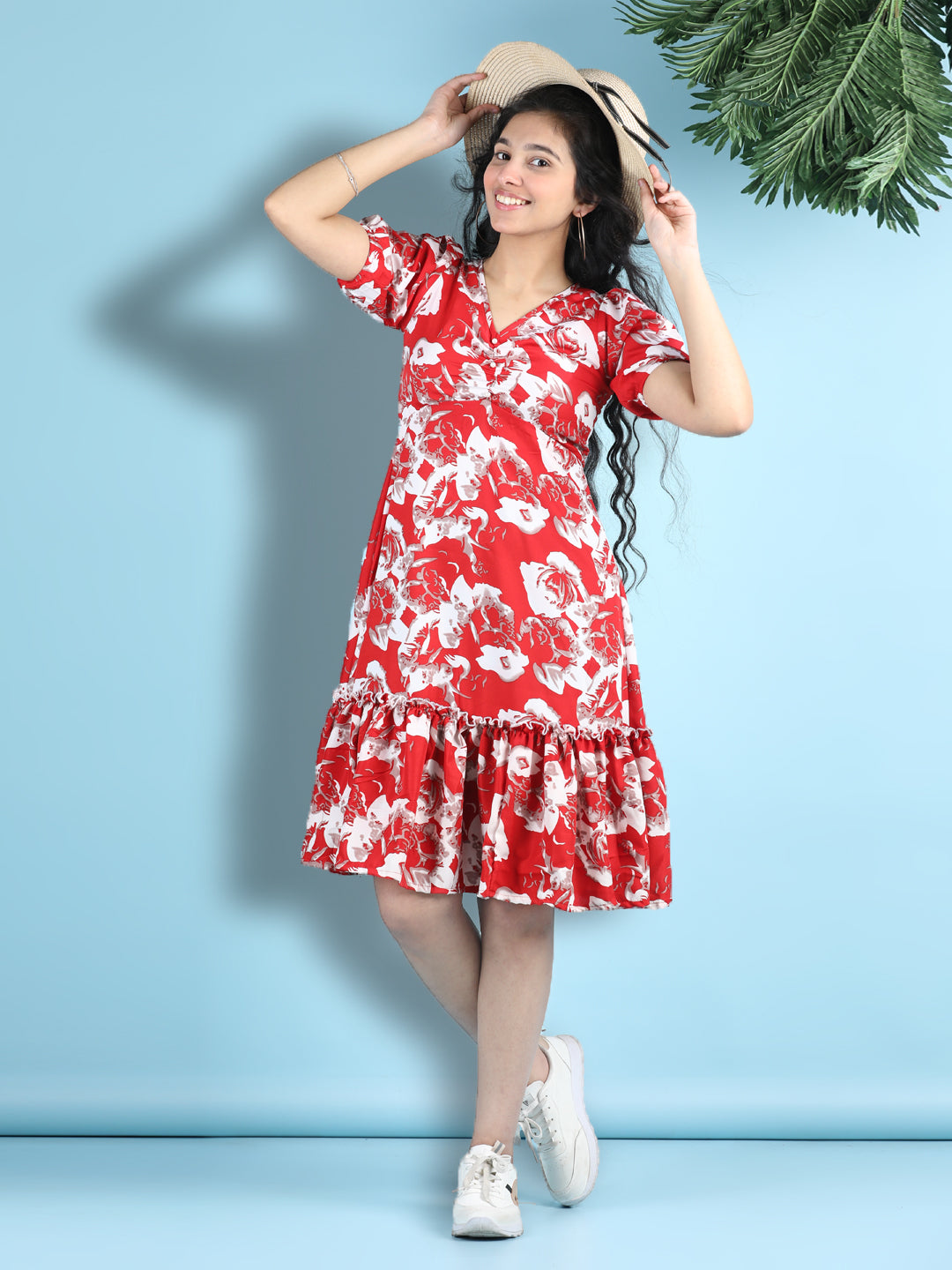 Cutiekins Girls Trendy & Stylish Floral Printed Dress -Red & White