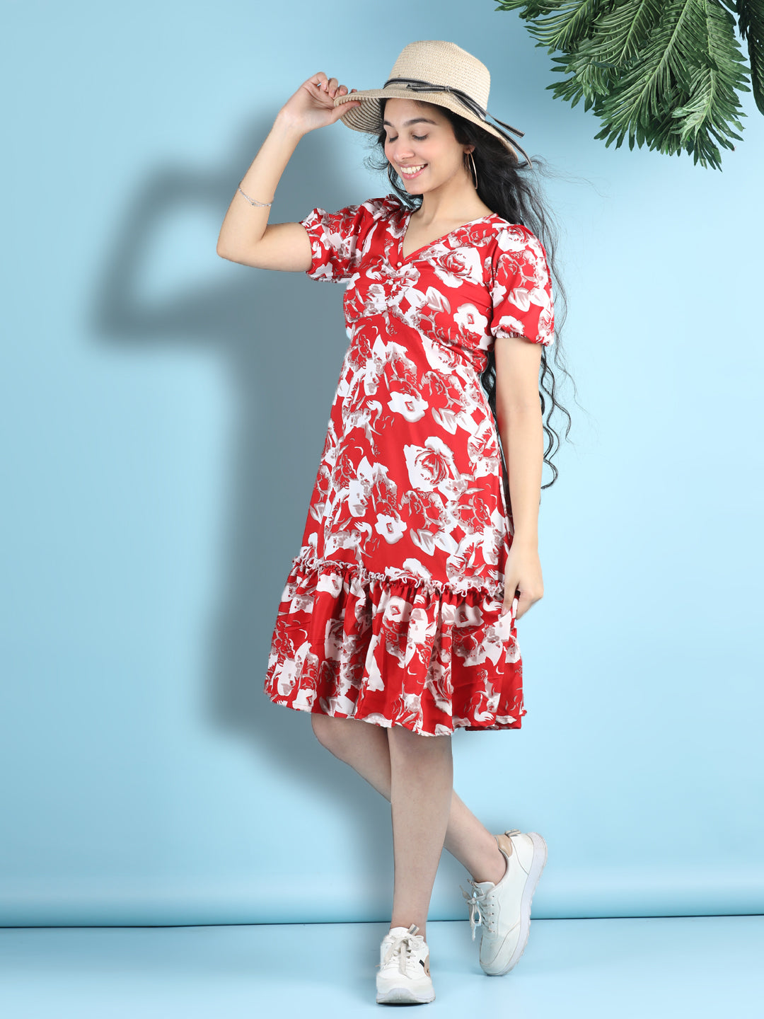 Cutiekins Girls Trendy & Stylish Floral Printed Dress -Red & White