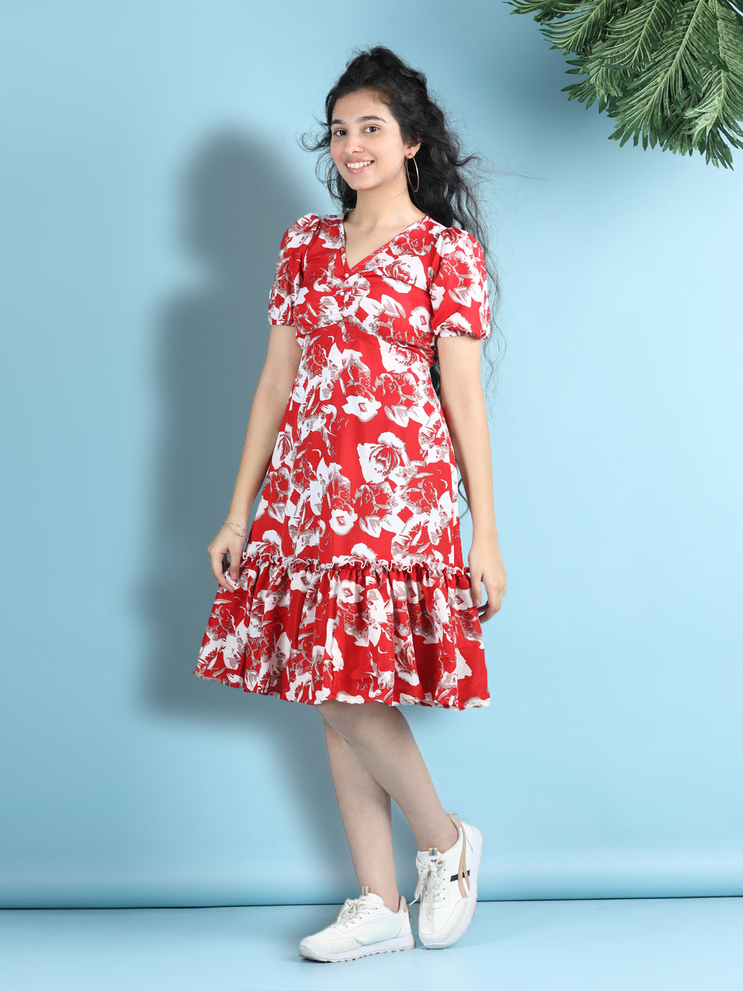 Cutiekins Girls Trendy & Stylish Floral Printed Dress -Red & White