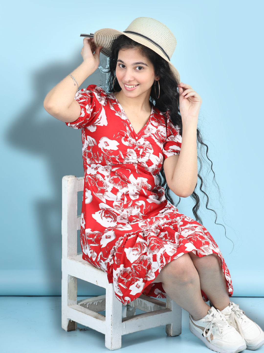 Cutiekins Girls Trendy & Stylish Floral Printed Dress -Red & White