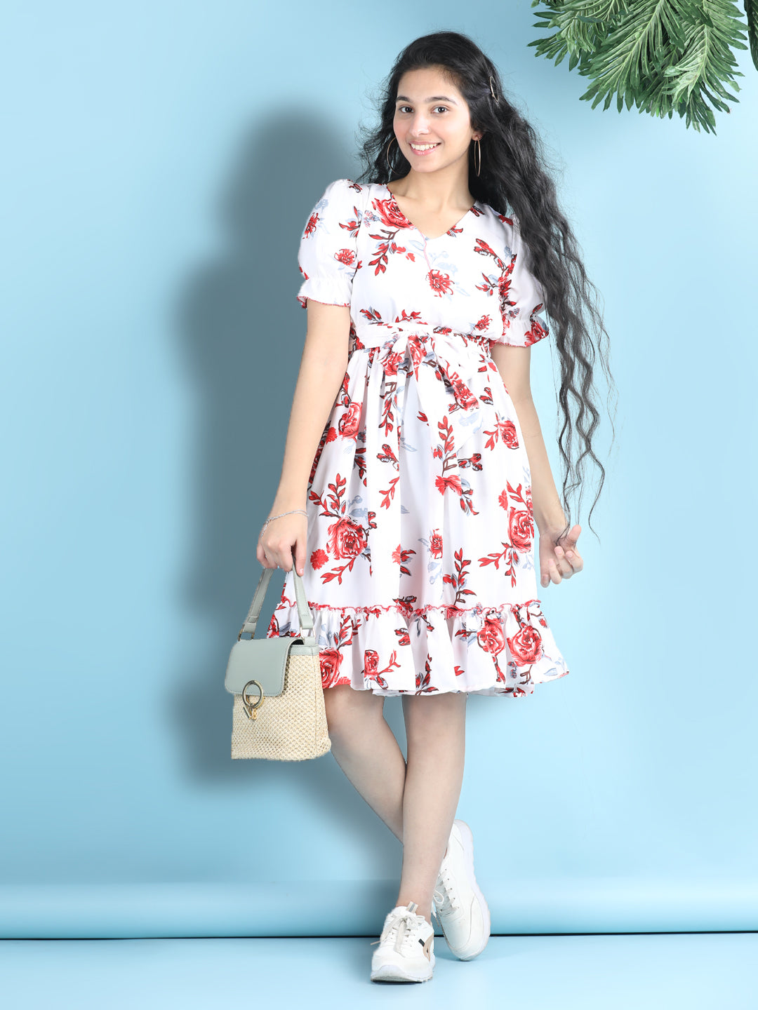 Cutiekins Girls Trendy & Stylish Floral Printed Dress -White & Red