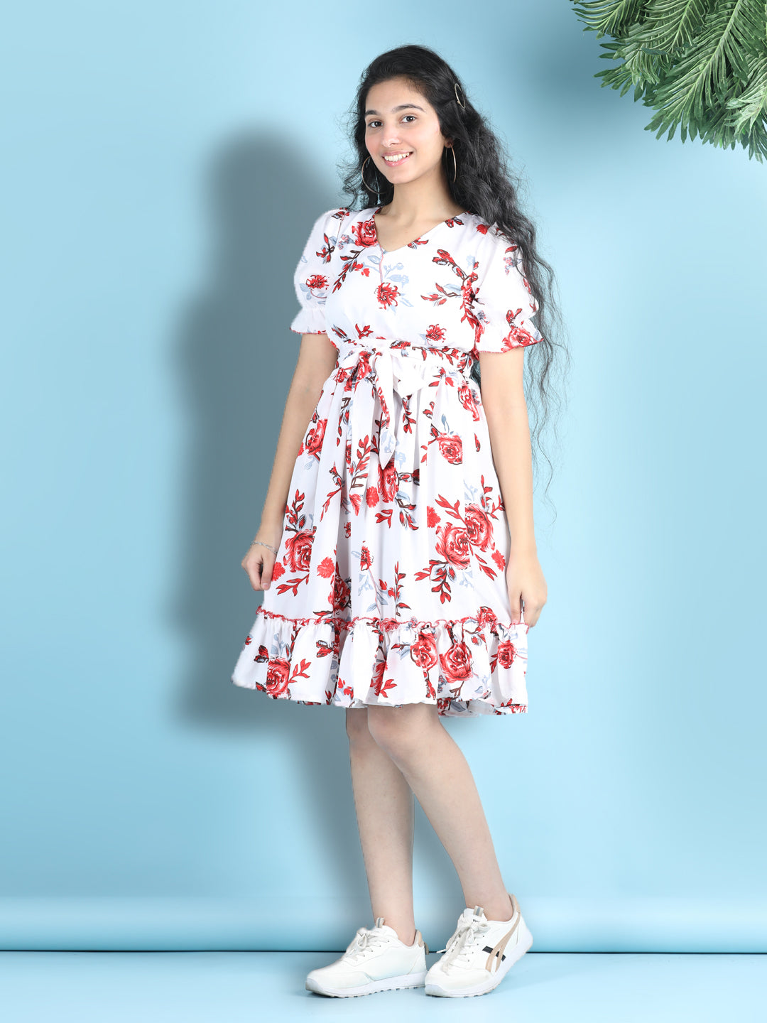 Cutiekins Girls Trendy & Stylish Floral Printed Dress -White & Red