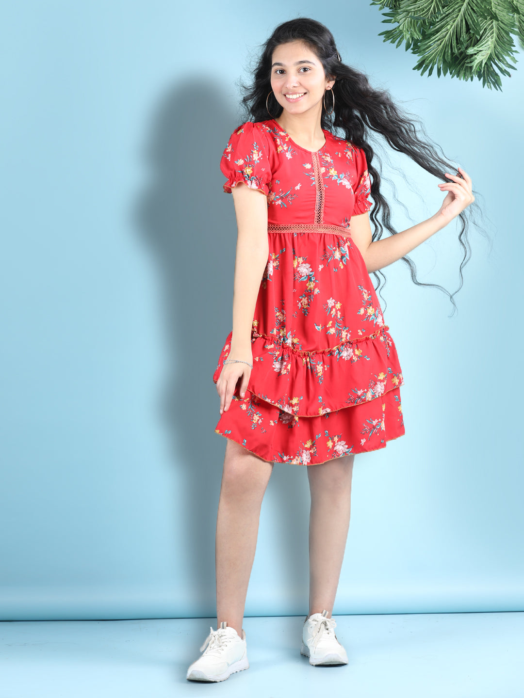 Cutiekins Girls Trendy & Stylish Floral Printed Dress -Red & Multi