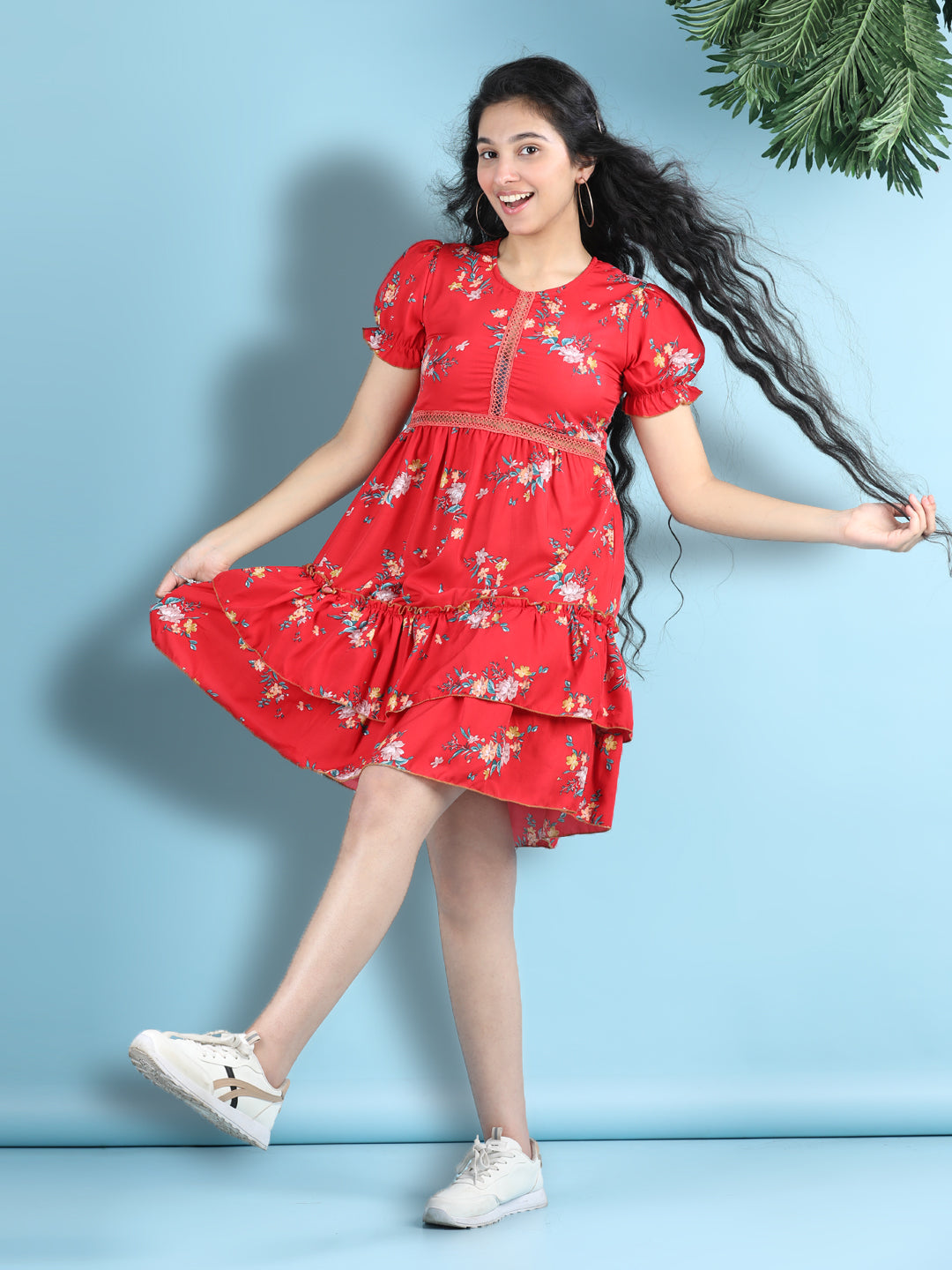 Cutiekins Girls Trendy & Stylish Floral Printed Dress -Red & Multi