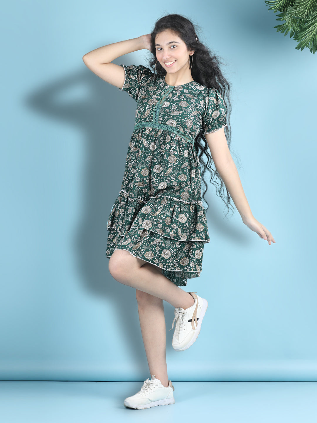 Cutiekins Girls Trendy & Stylish Floral Printed Dress -Dark Green & Multi