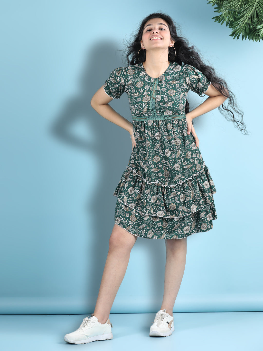 Cutiekins Girls Trendy & Stylish Floral Printed Dress -Dark Green & Multi