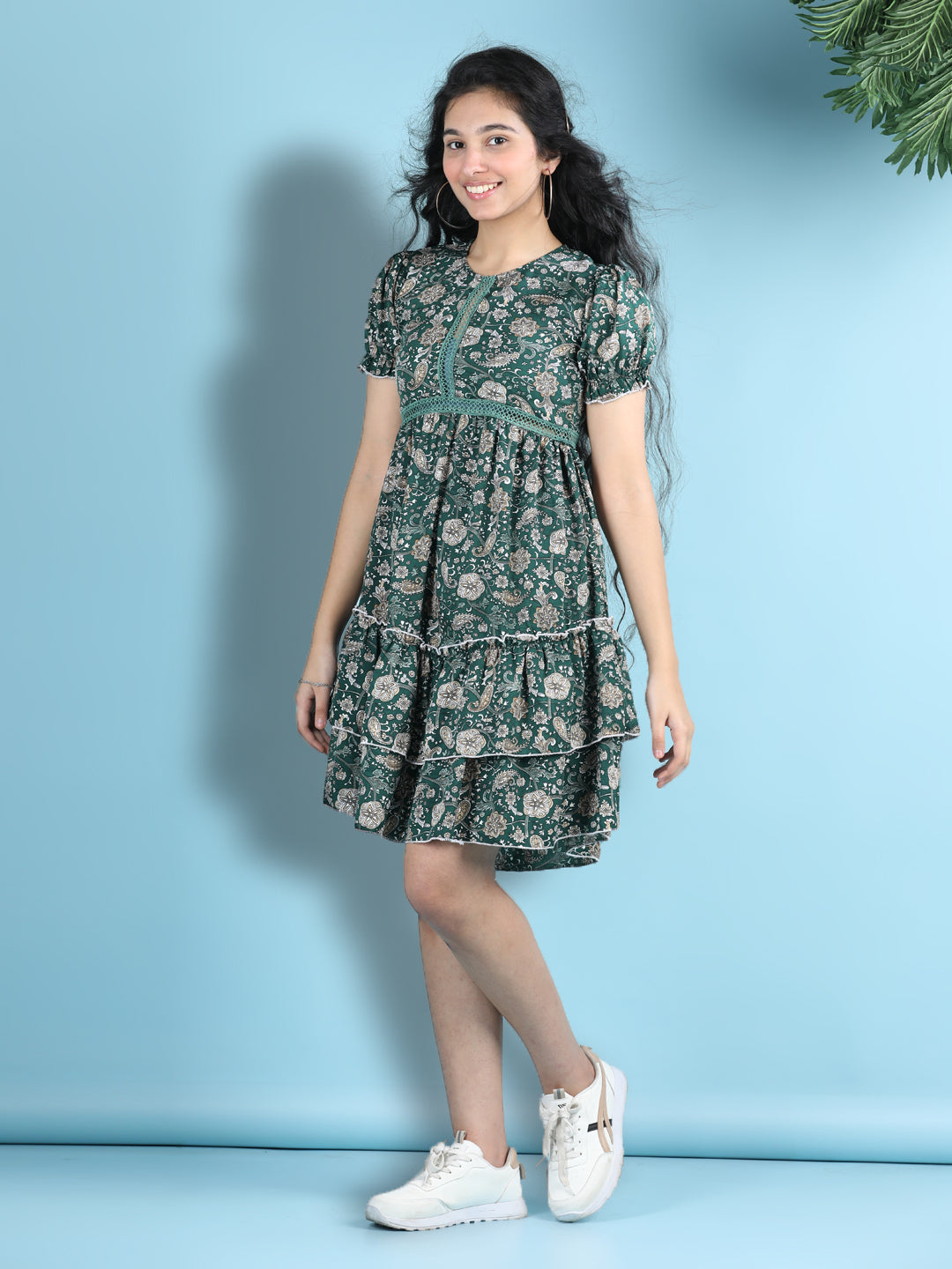 Cutiekins Girls Trendy & Stylish Floral Printed Dress -Dark Green & Multi