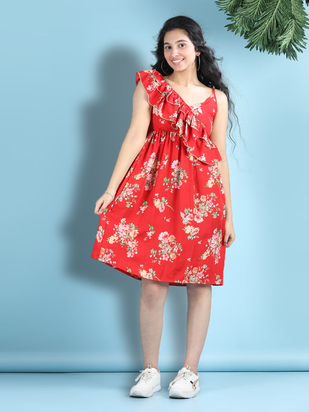 Cutiekins Girls Trendy & Stylish Floral Printed Dress -Red & Multi
