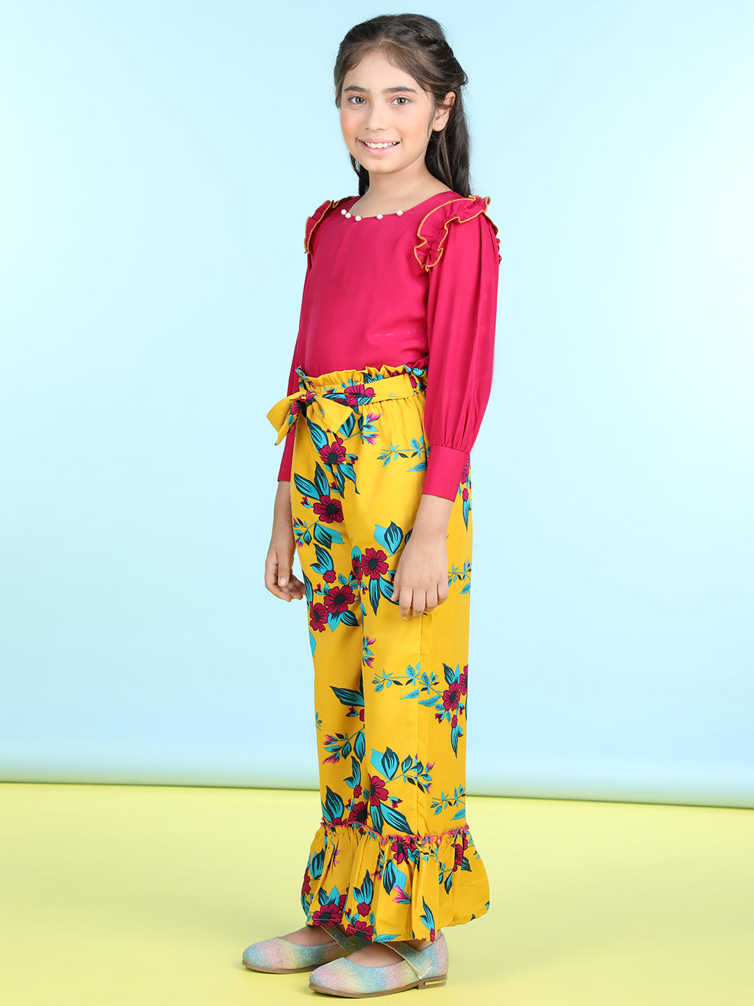 Cutiekins Polyester Solid Top & Printed Palazzos Set -Pink & Mustard