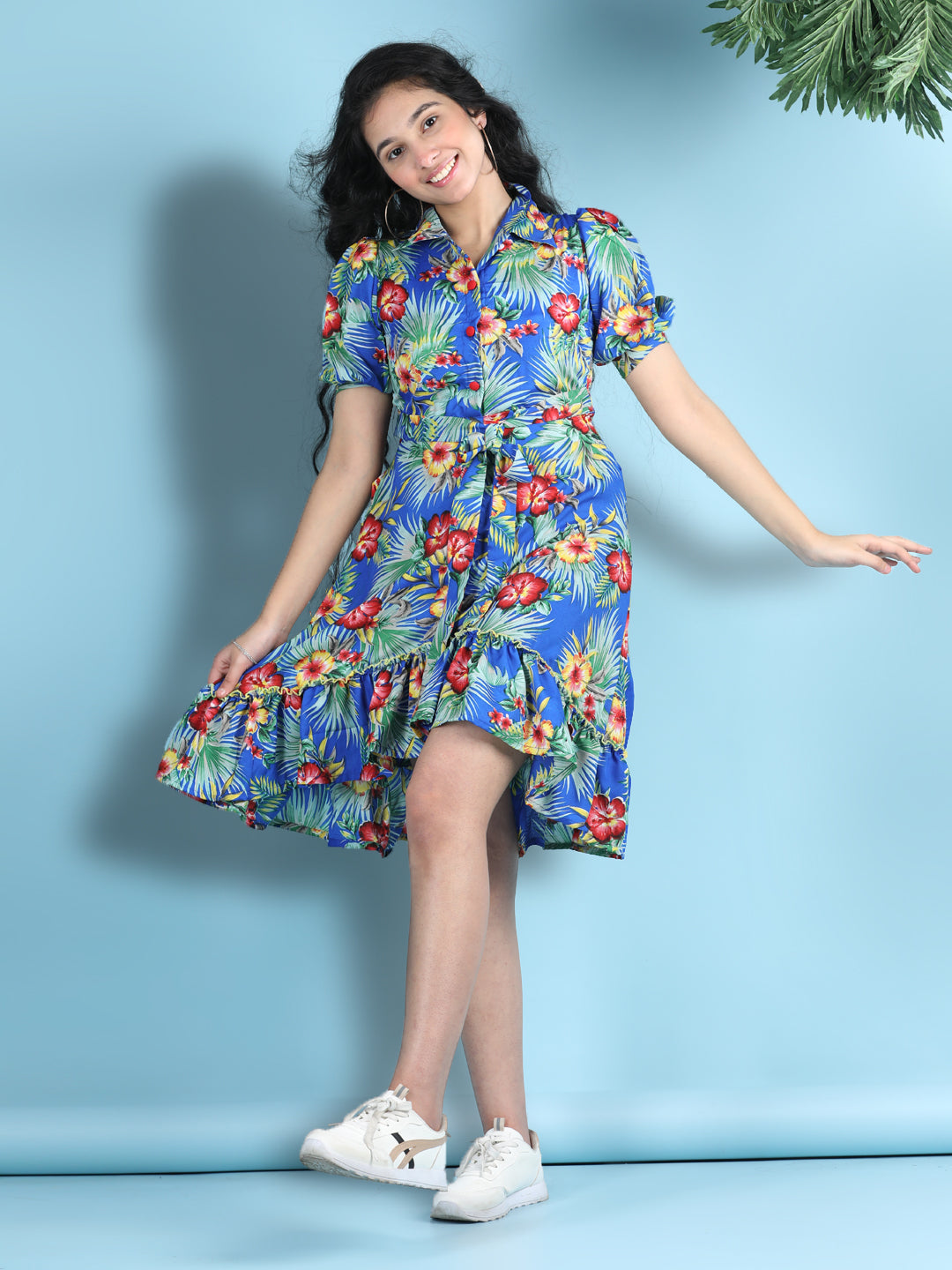 Cutiekins Girls Trendy & Stylish Floral Printed Dress -Blue & Multi