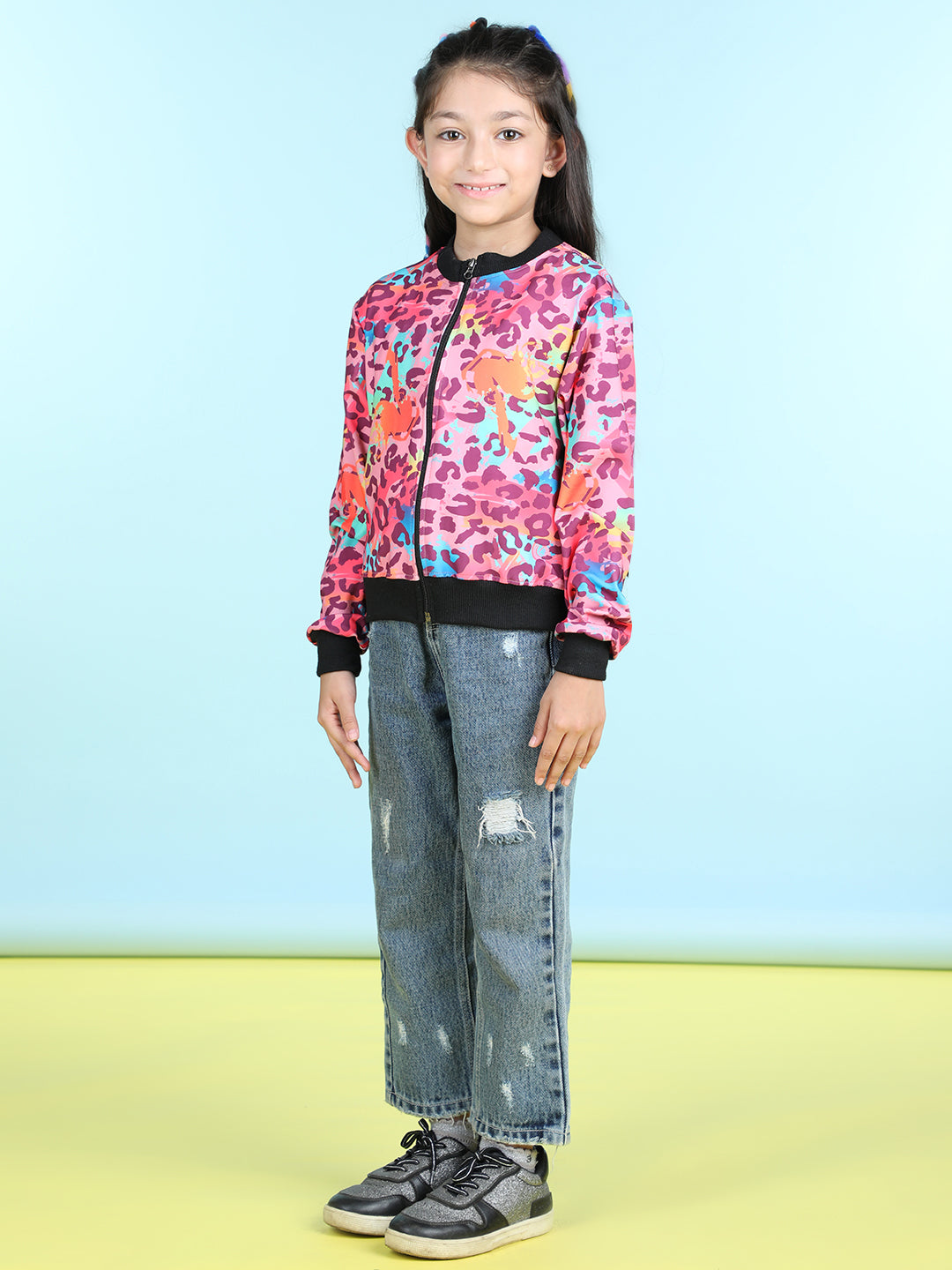 Cutiekins Cotton Lycra Leoaped Print Full Sleeves Jacket-Purple & Black