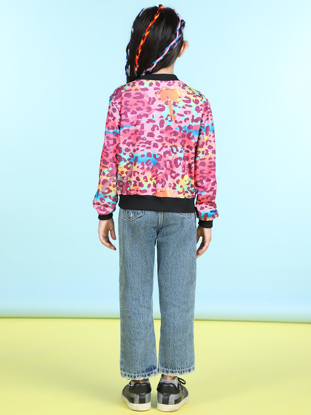 Cutiekins Cotton Lycra Leoaped Print Full Sleeves Jacket-Purple & Black