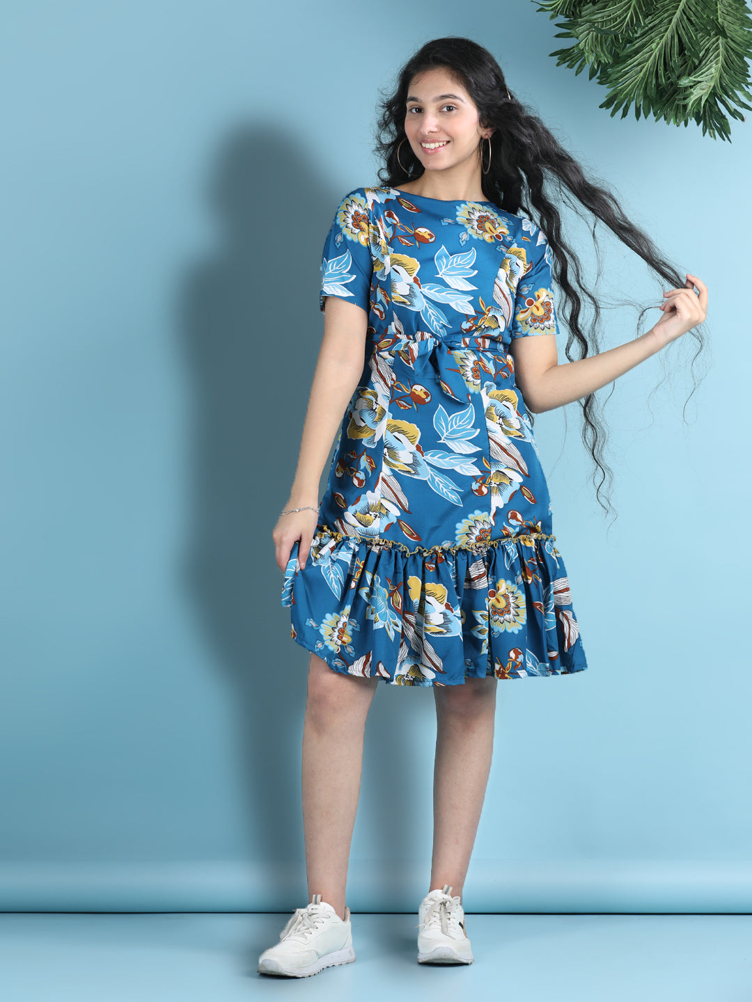 Cutiekins Girls Trendy & Stylish Floral Printed Dress -Petrol Blue & Multi