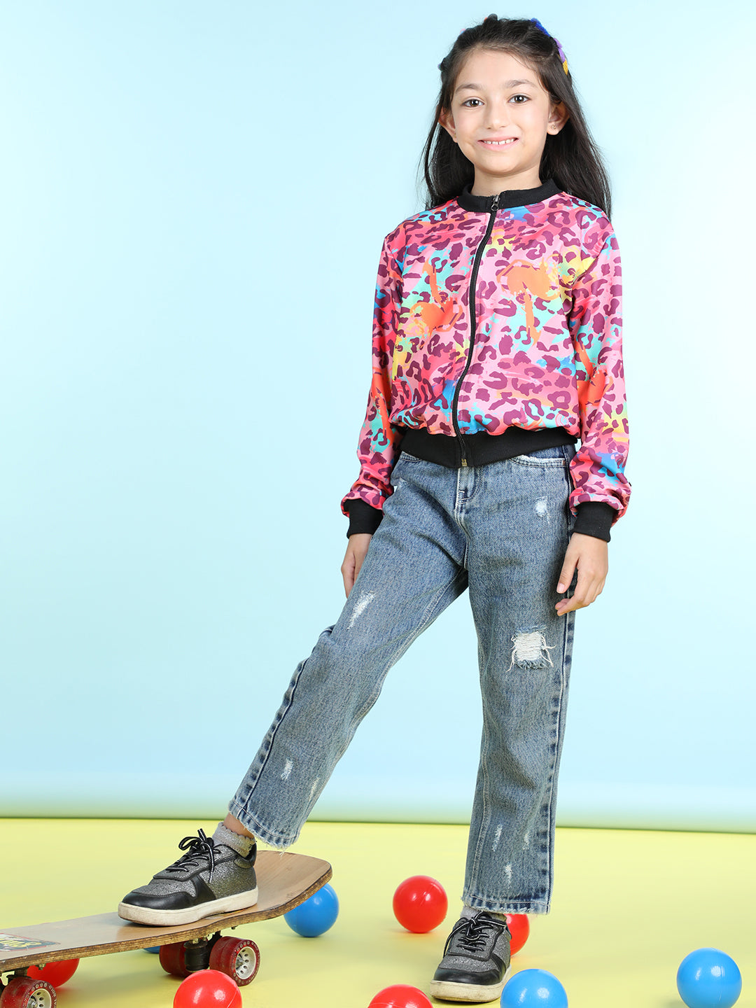 Cutiekins Cotton Lycra Leoaped Print Full Sleeves Jacket-Purple & Black