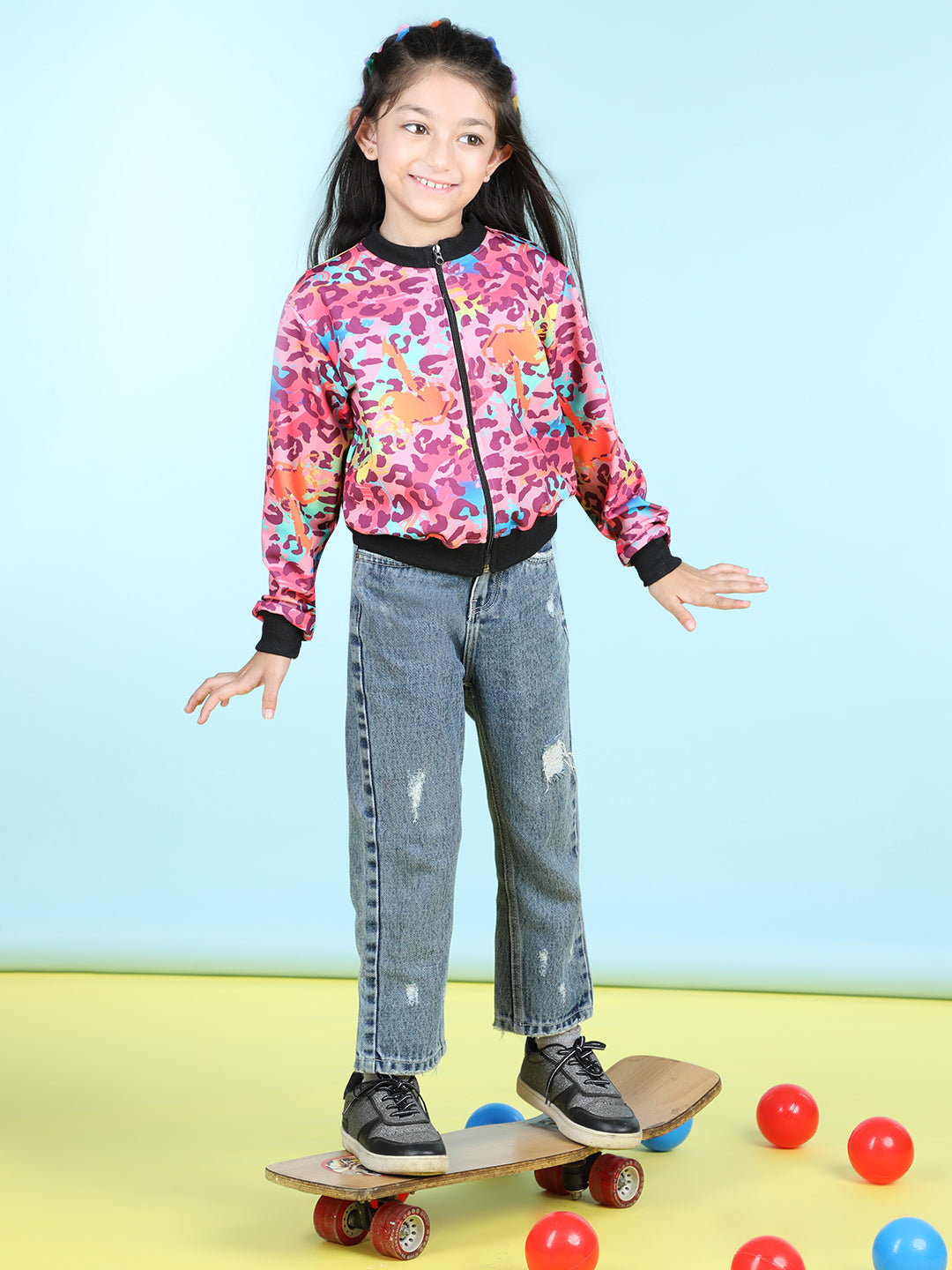 Cutiekins Cotton Lycra Leoaped Print Full Sleeves Jacket-Purple & Black